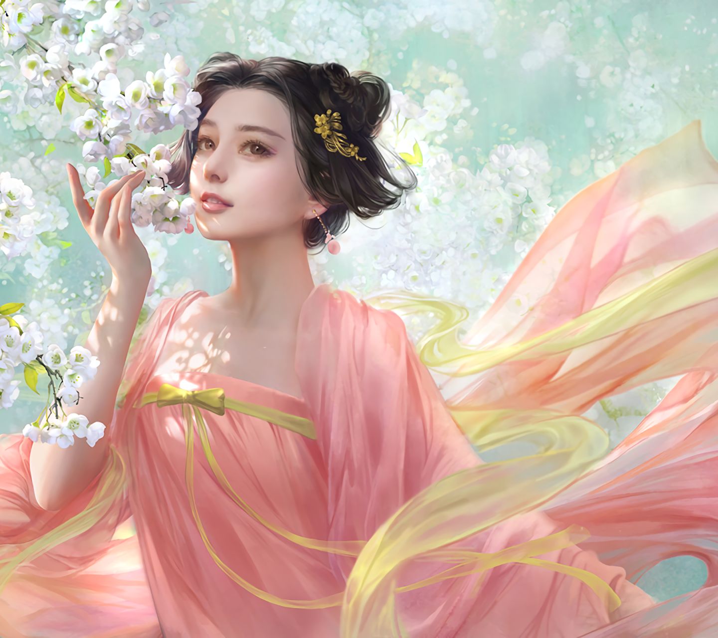 Download mobile wallpaper Fantasy, Pink, Women, White Flower, Blossom, Asian for free.