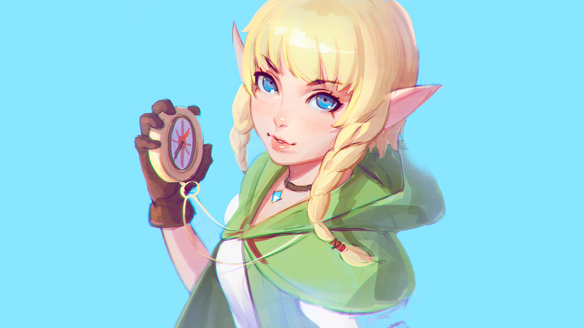 fantasy, elf, blonde, blue eyes, compass, pointed ears