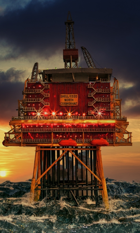 Download mobile wallpaper Sunset, Sea, Storm, Man Made, Oil Platform for free.