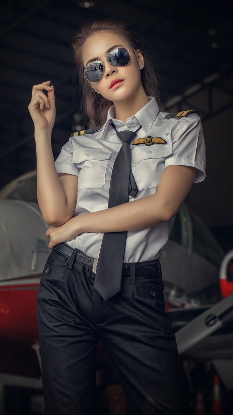Download mobile wallpaper Airplane, Glasses, Pilot, Uniform, Women, Asian for free.