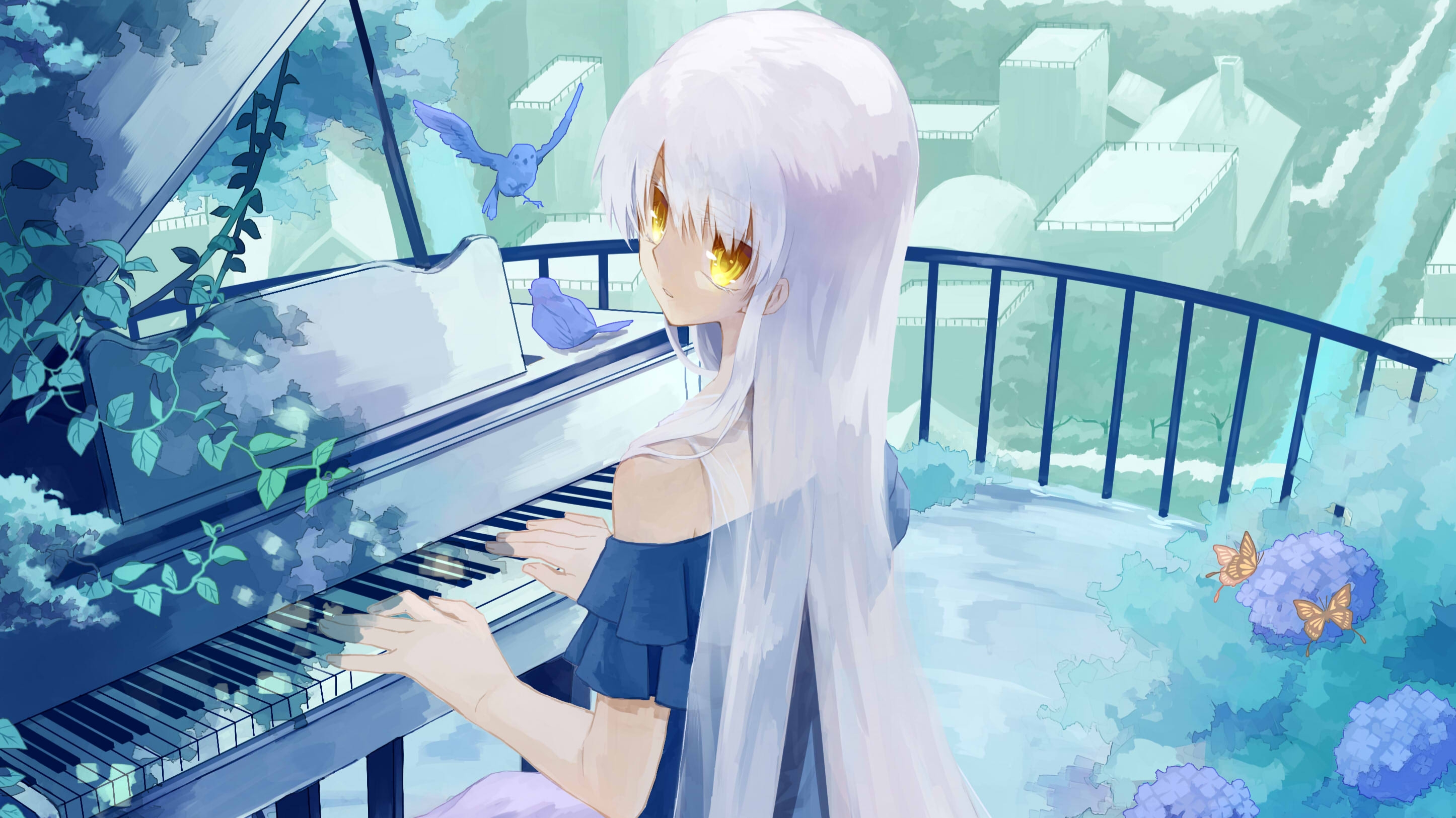 Laden Sie das Musik, Klavier, Gelbe Augen, Animes, Weißes Haar-Bild kostenlos auf Ihren PC-Desktop herunter