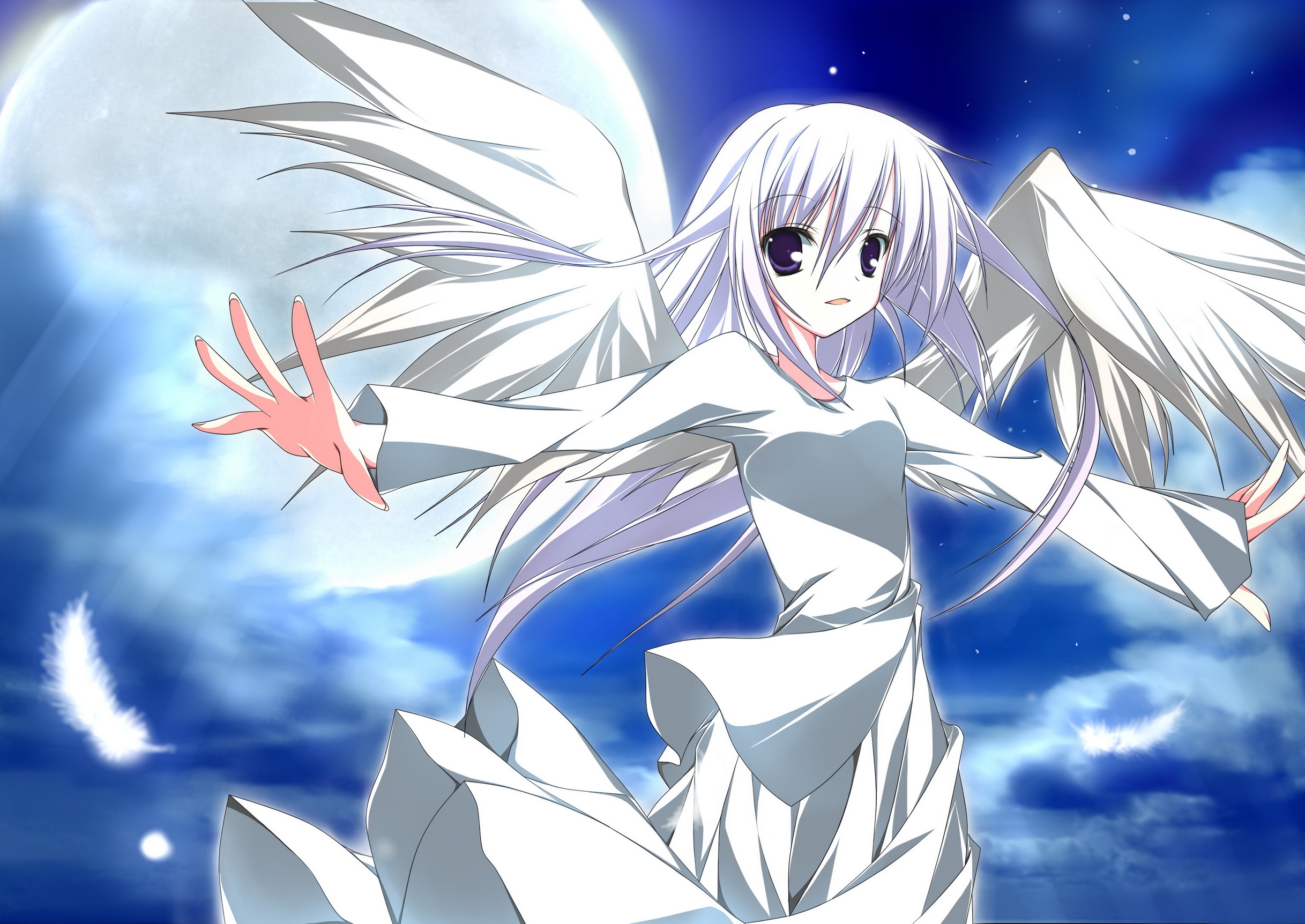 Download mobile wallpaper Sky, Wings, Feather, Girl, Anime for free.