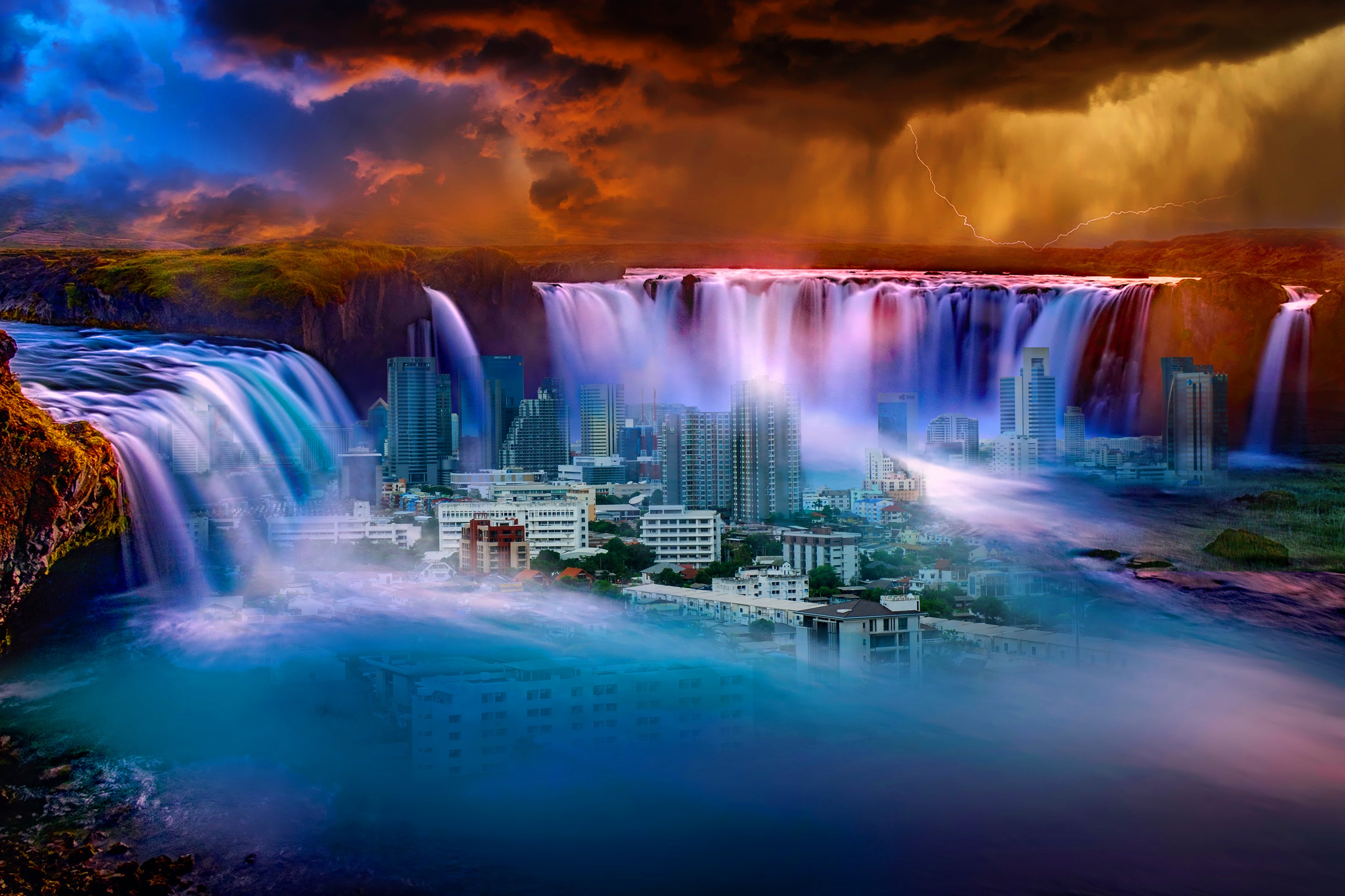 97672 скачать картинку водопад, сюрреализм, разное, город, фантазия - обои и заставки бесплатно