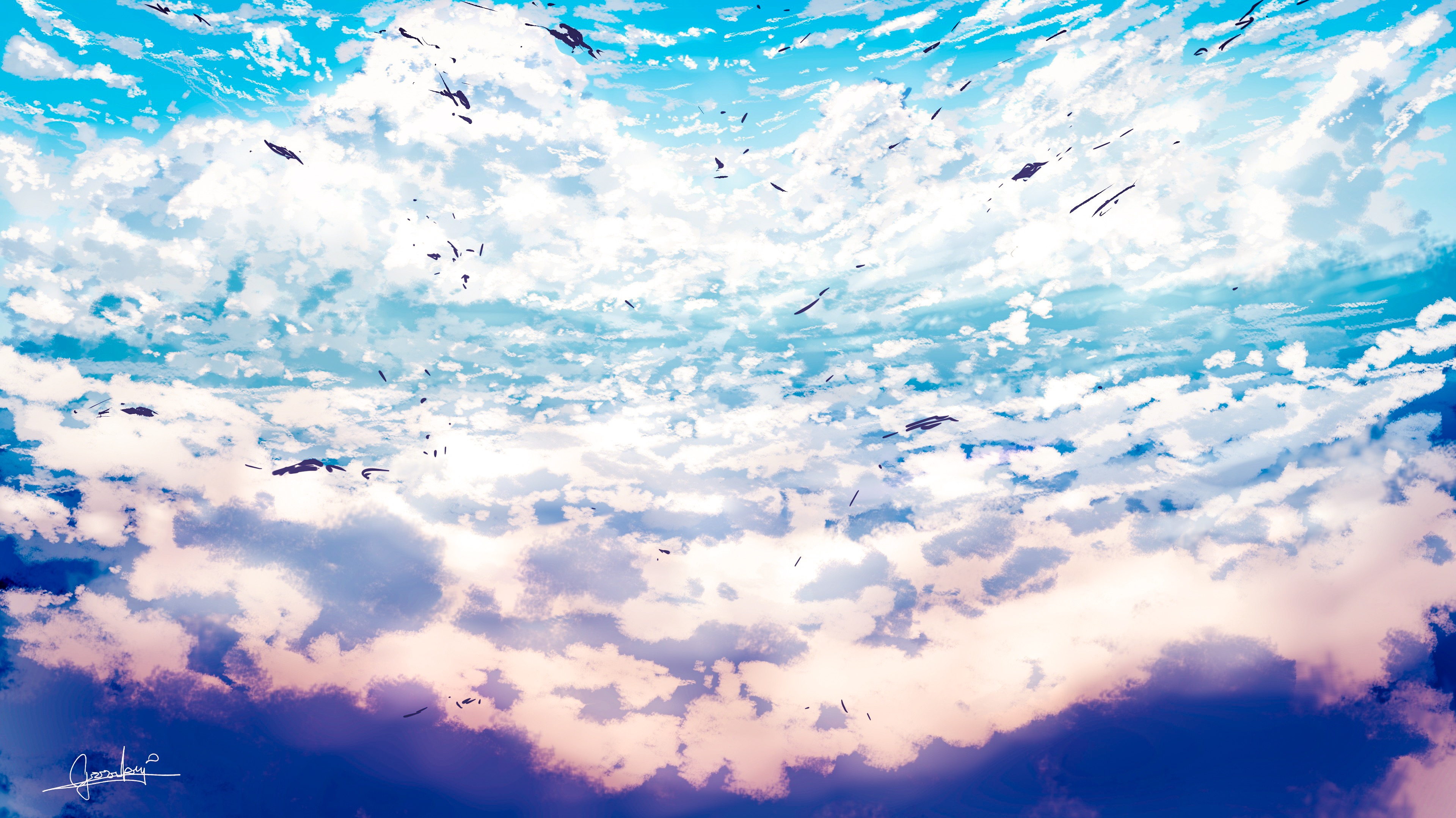Скачать картинку Аниме, Птицы, Небо, Облака, Оригинал в телефон бесплатно.