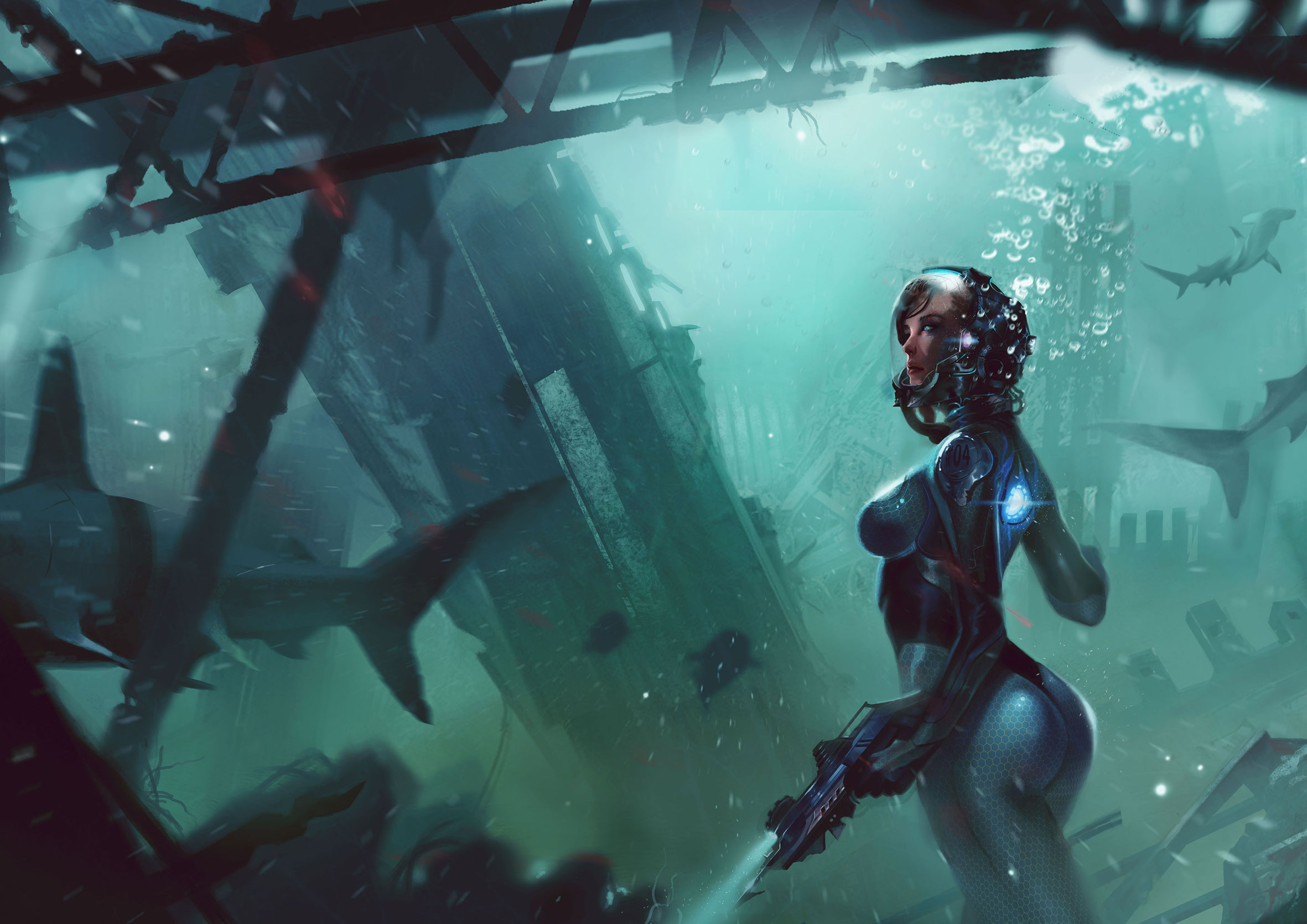 Download mobile wallpaper Sci Fi, Underwater, Shark, Women Warrior, Woman Warrior for free.