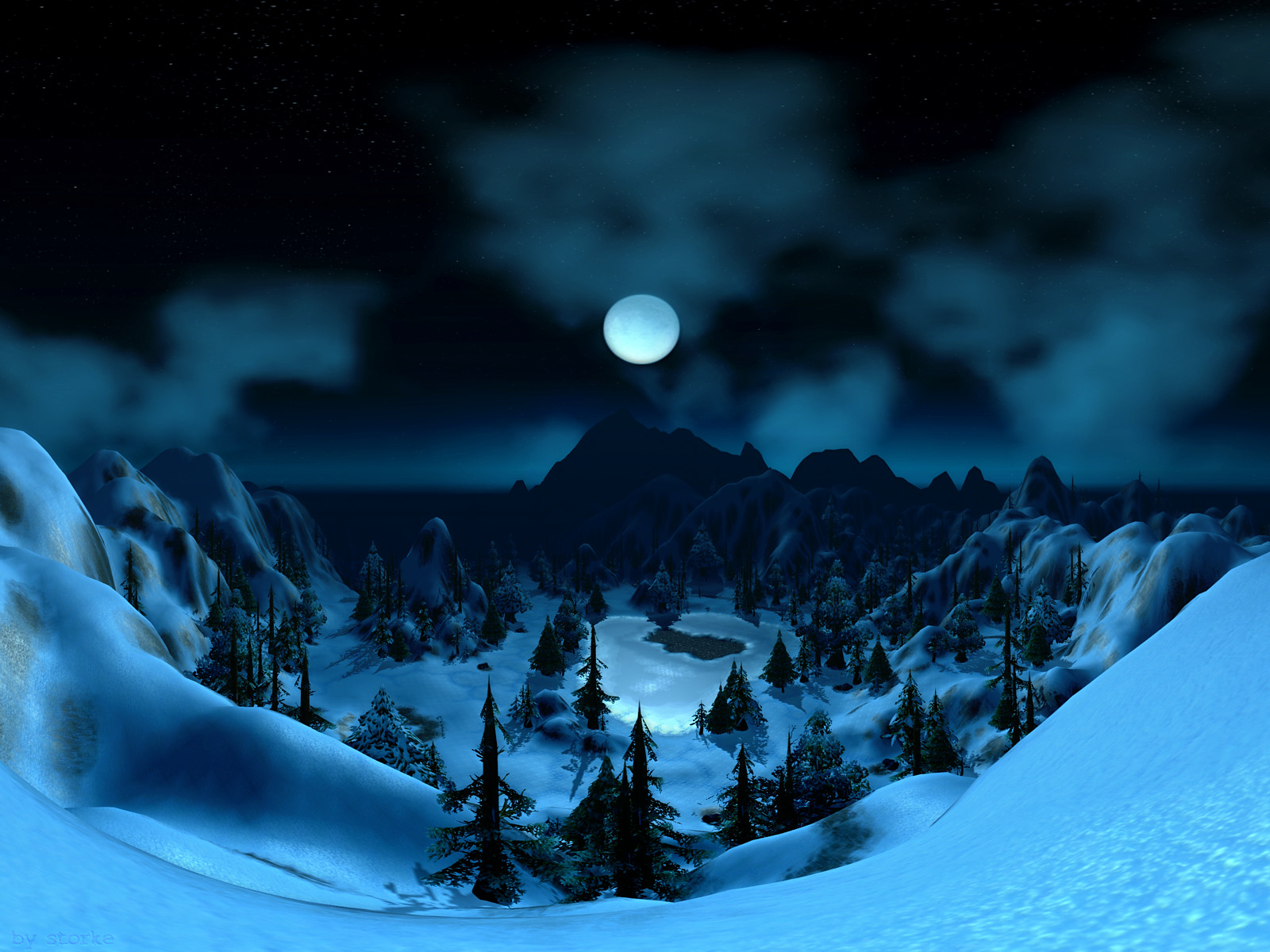 tree, snow, moon, starry sky, landscape, artistic, night Panoramic Wallpaper