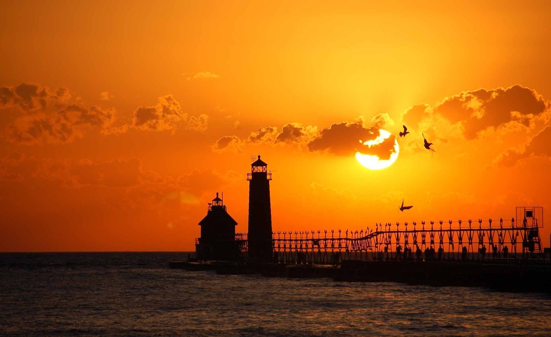 orange, lighthouse, nature, birds, sunset, sun, disk, calmness, tranquillity