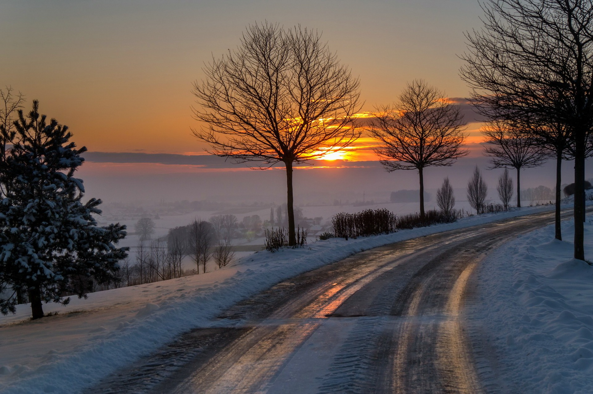 Laden Sie das Winter, Schnee, Straße, Baum, Sonnenuntergang, Menschengemacht-Bild kostenlos auf Ihren PC-Desktop herunter
