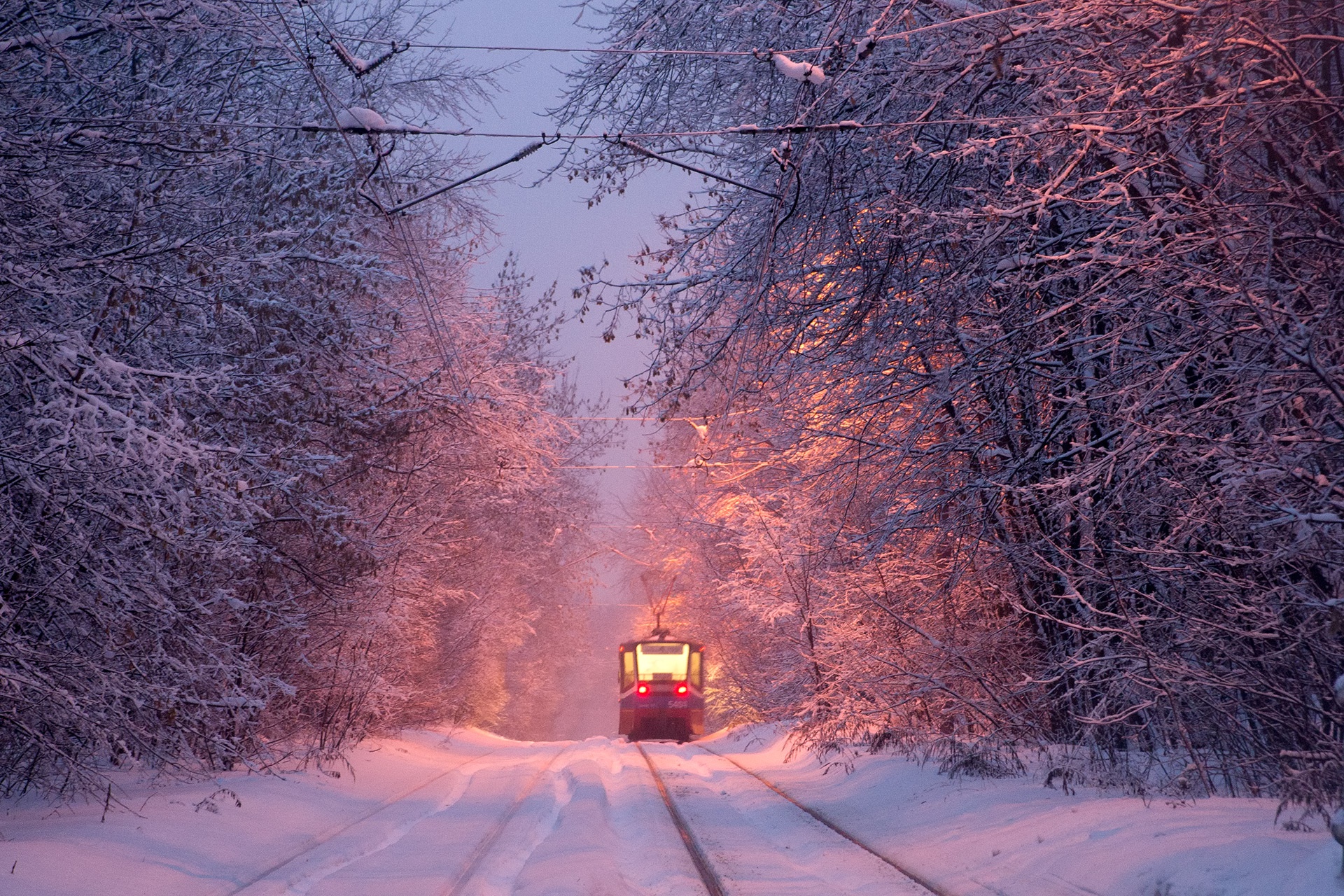Скачать картинку Зима, Трамвай, Транспортные Средства в телефон бесплатно.