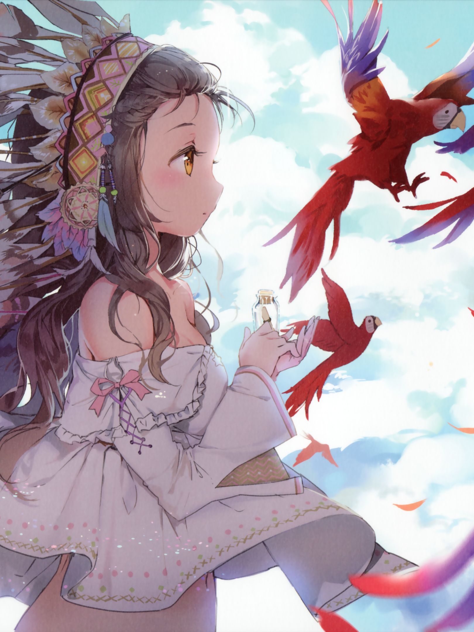 Download mobile wallpaper Anime, Bird, Girl, Headdress, Parrot, Brown Hair, Orange Eyes for free.