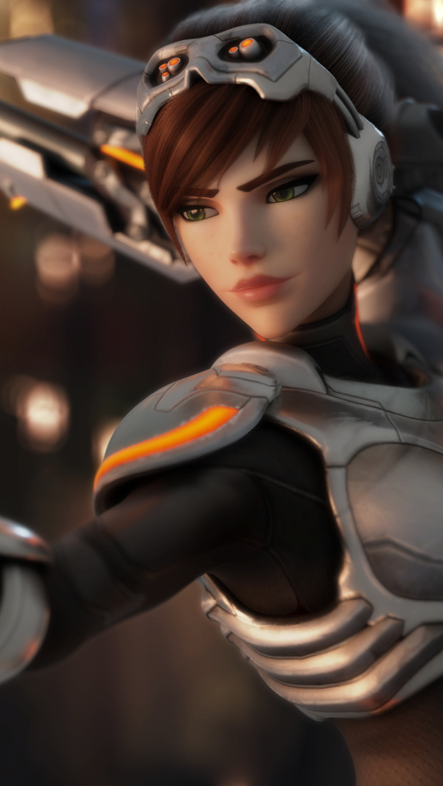 Download mobile wallpaper Green Eyes, Overwatch, Video Game, Brown Hair, Short Hair, Woman Warrior, Widowmaker (Overwatch) for free.