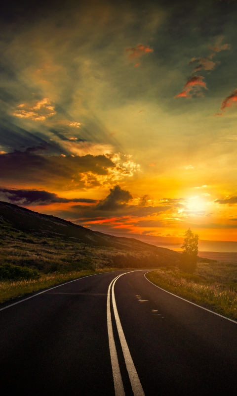Download mobile wallpaper Sunset, Sky, Sun, Horizon, Road, Man Made for free.