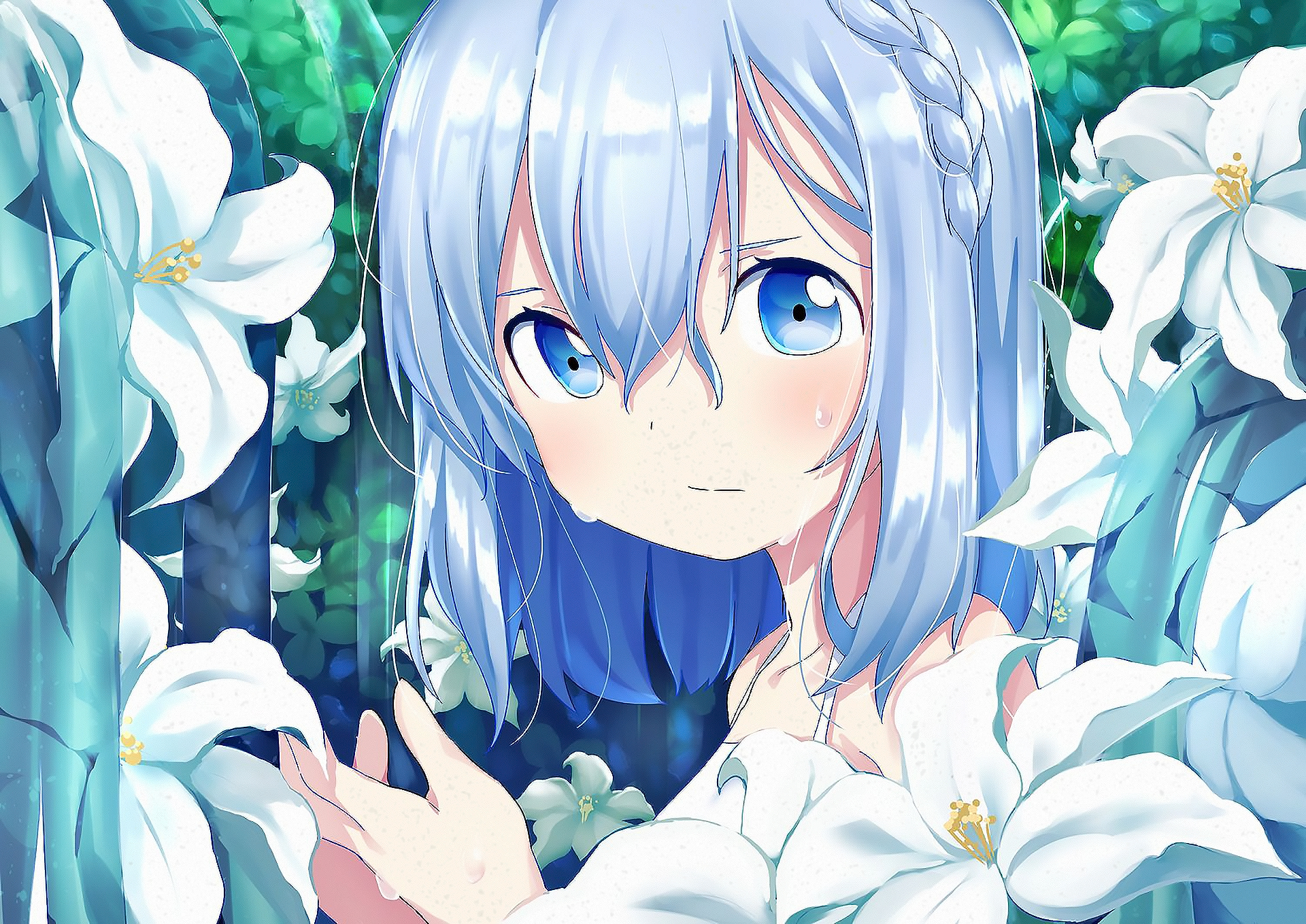 Free download wallpaper Anime, Flower, Blue Eyes, Original, Blue Hair on your PC desktop