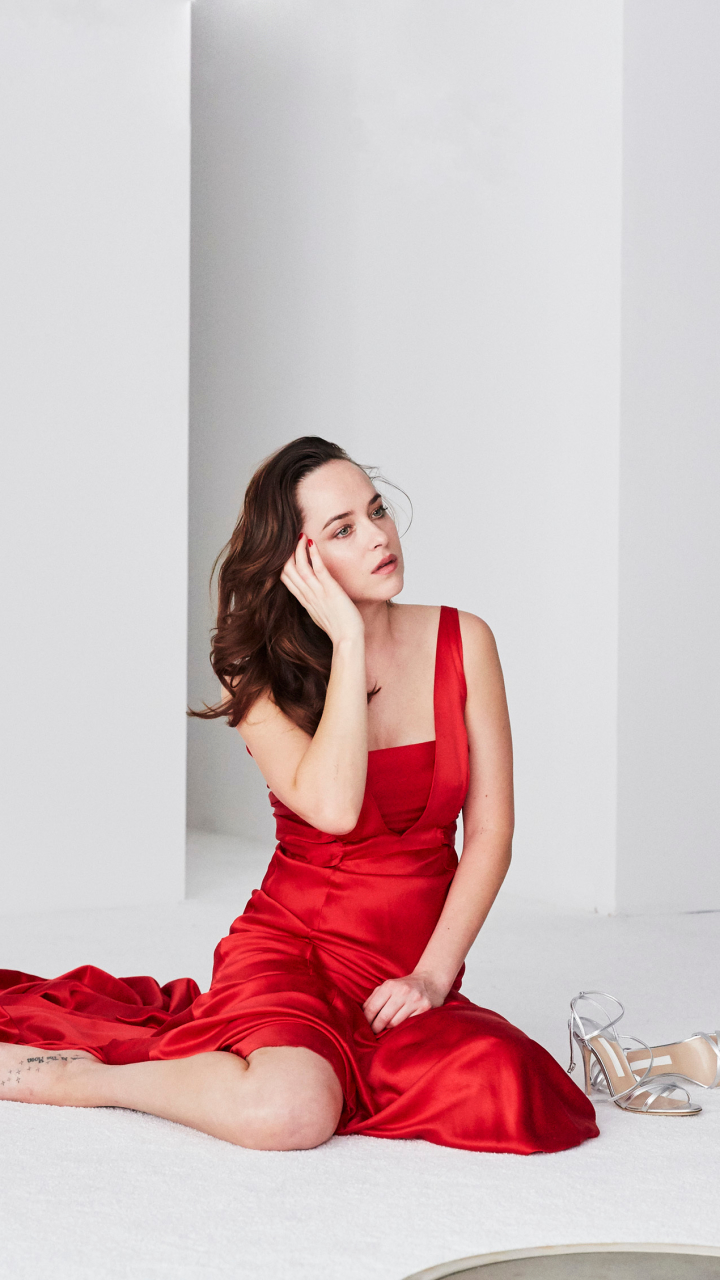 Download mobile wallpaper Brunette, American, Celebrity, Actress, Red Dress, Dakota Johnson for free.