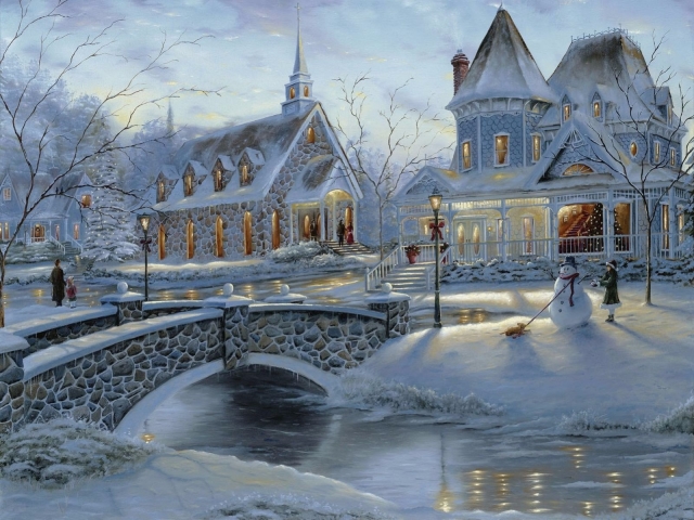 Free download wallpaper Winter, Snow, House, Bridge, Painting, Artistic, Church on your PC desktop