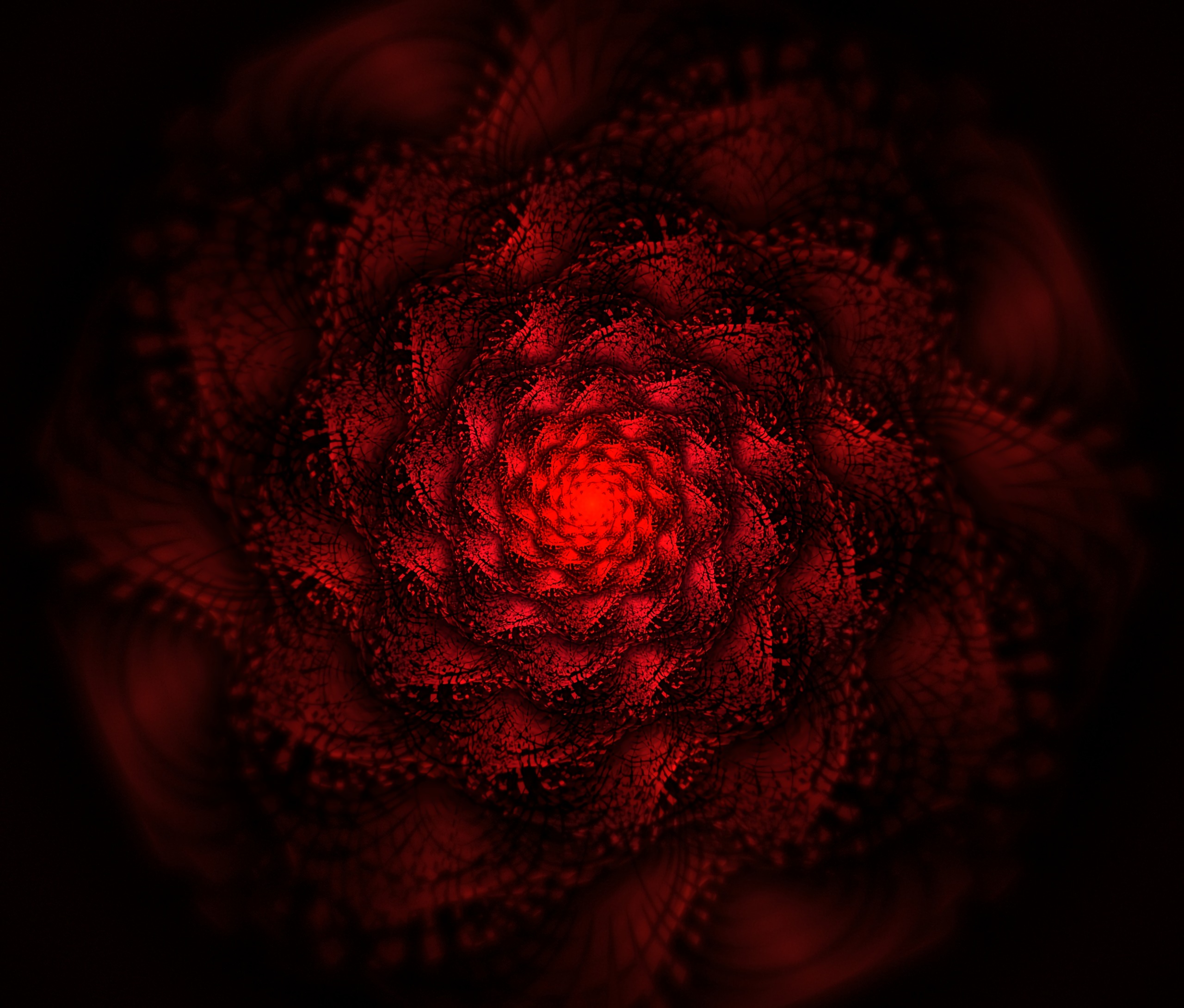 abstract, red, fractal, glow, swirling, involute 32K