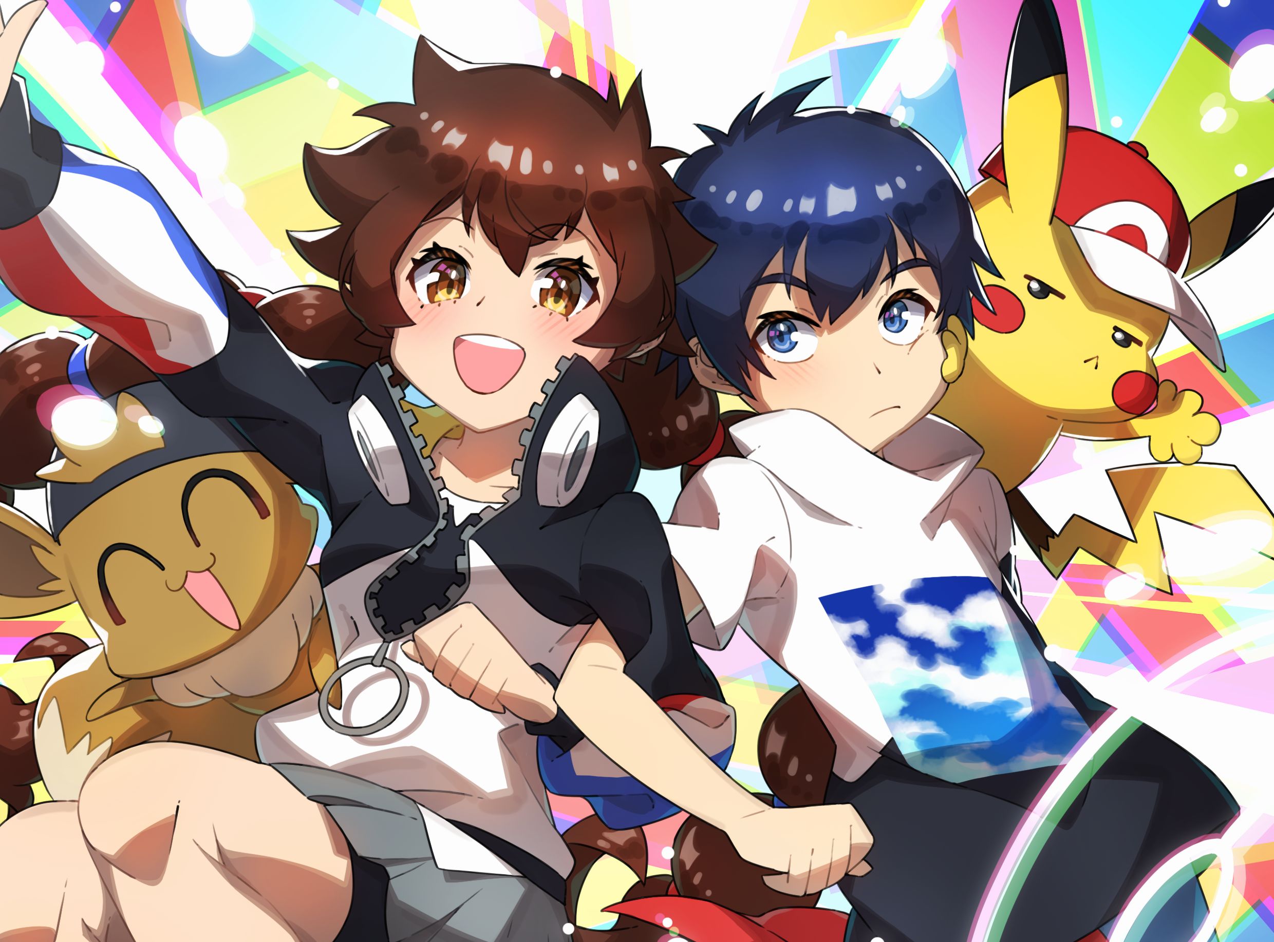 Download mobile wallpaper Anime, Pokémon, Blue Eyes, Blue Hair, Pikachu, Brown Hair, Eevee (Pokémon) for free.