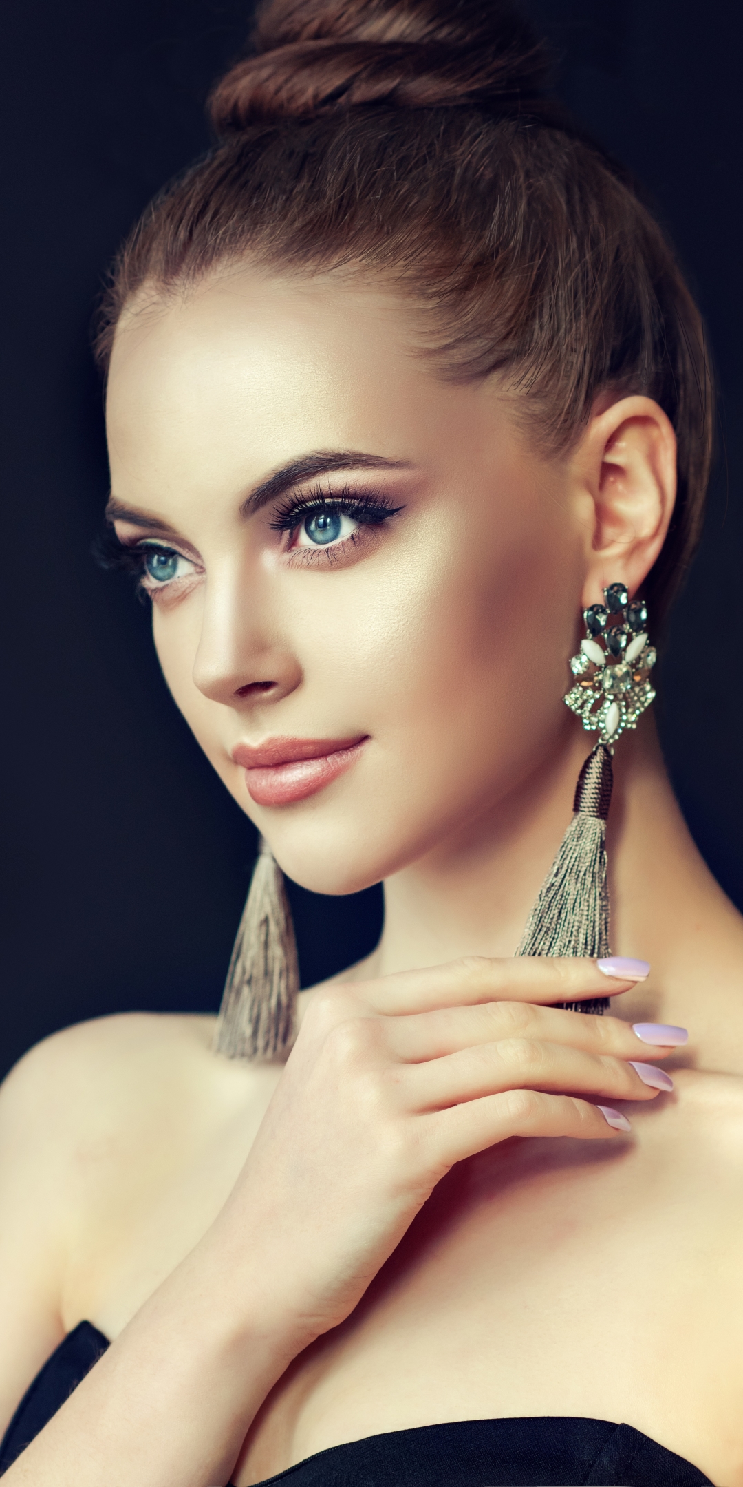 Download mobile wallpaper Brunette, Model, Women, Earrings, Blue Eyes for free.