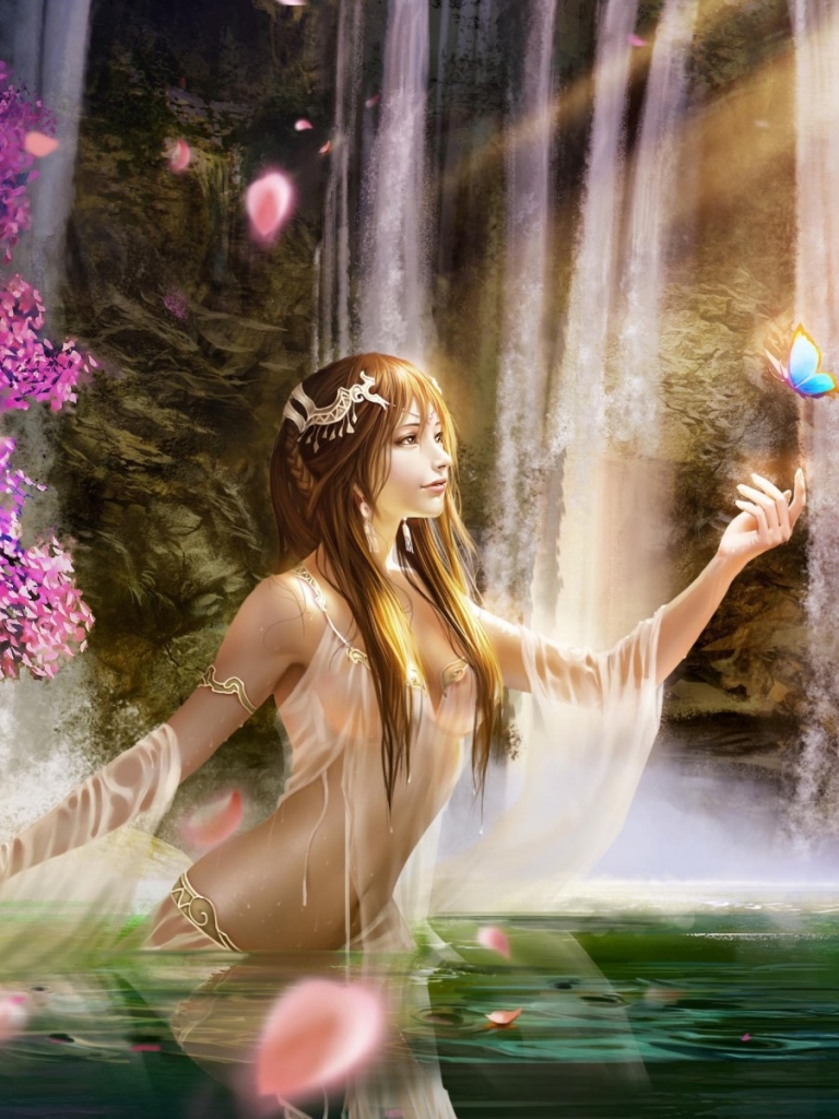 Download mobile wallpaper Fantasy, Flower, Butterfly, Pond, Fairy for free.