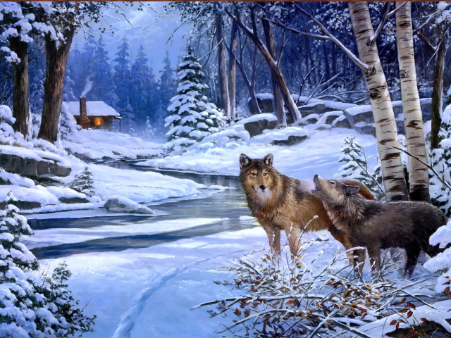 Download mobile wallpaper Winter, Snow, Forest, Wolf, Animal, Painting, Birch, Wolves for free.