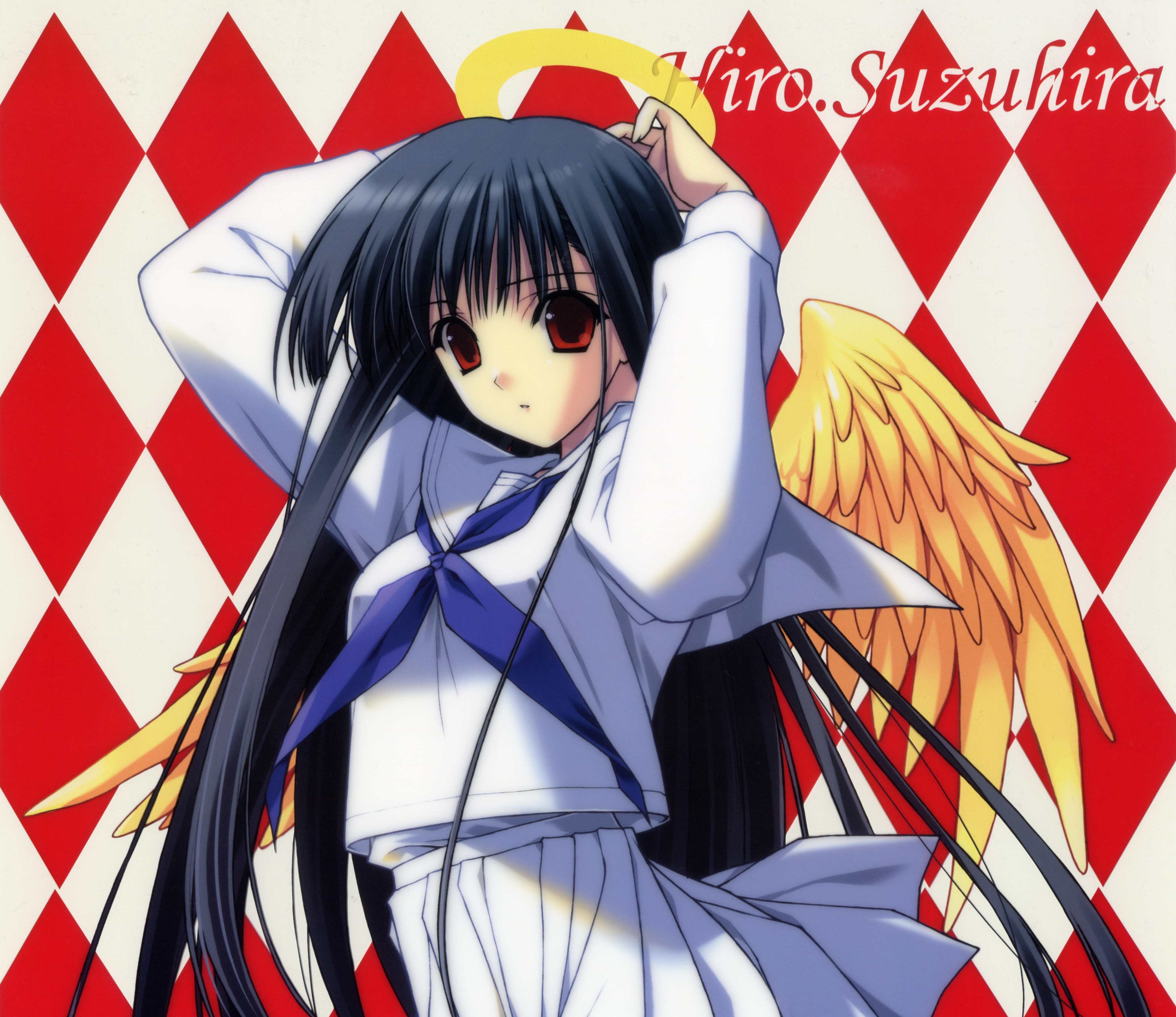Download mobile wallpaper Anime, Wings, Angel, Red Eyes, Black Hair for free.