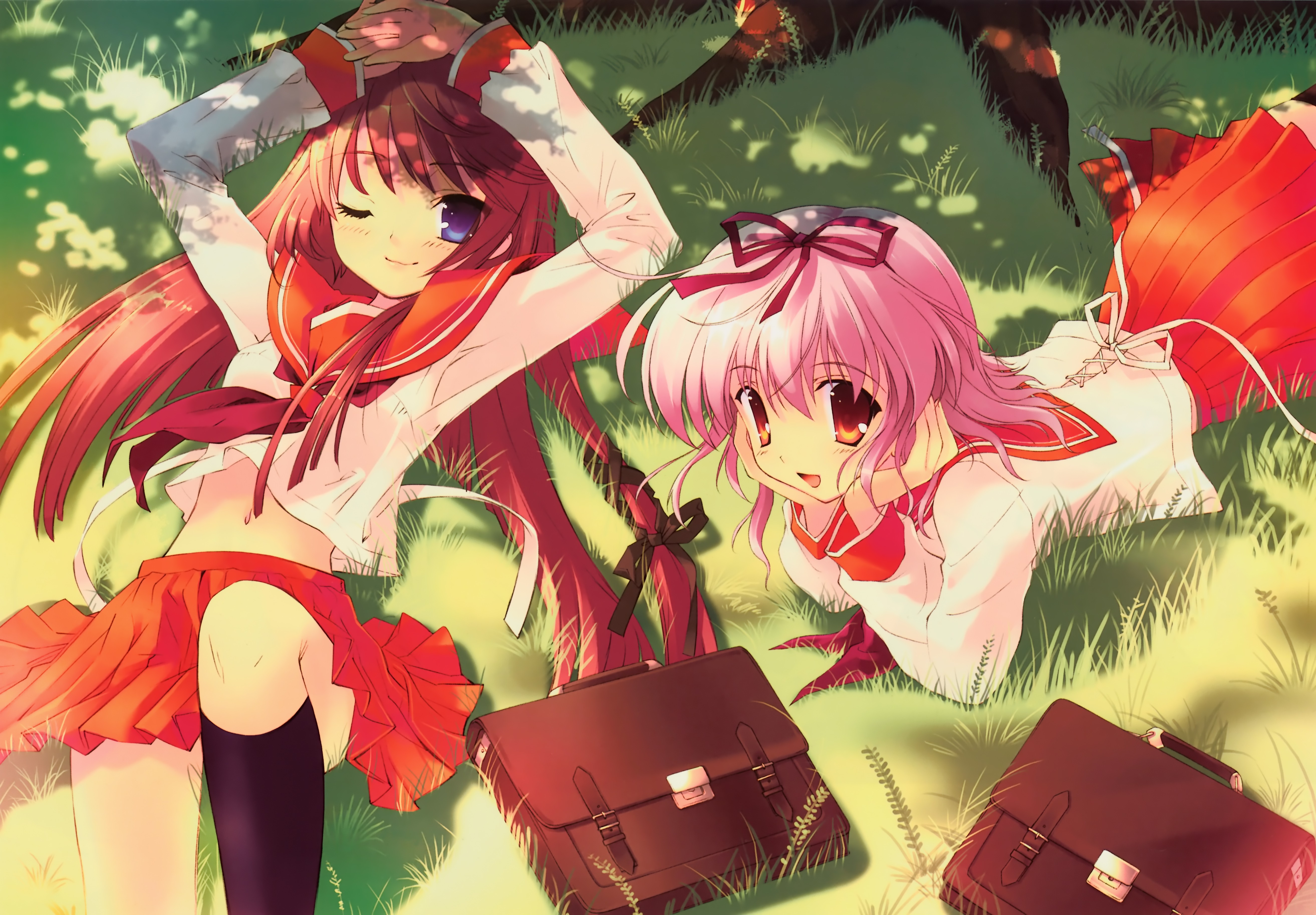 Download mobile wallpaper Anime, Grass, Original, Pink Hair, School Uniform, Red Eyes, Long Hair, Red Hair for free.
