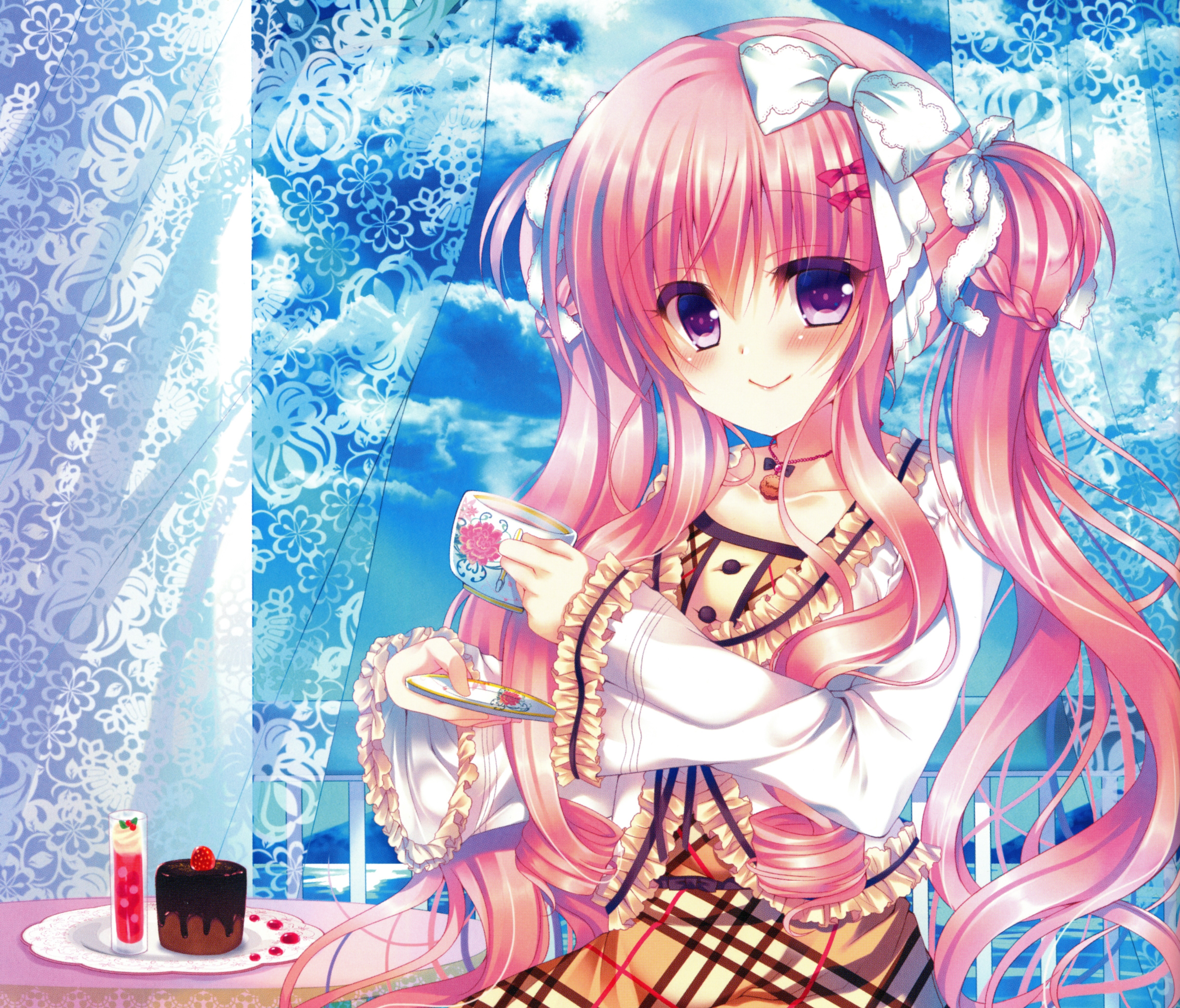 Download mobile wallpaper Anime, Cake, Smile, Original, Pink Hair, Braid, Blush, Long Hair, Purple Eyes, Twintails, Bow (Clothing), Teacup for free.