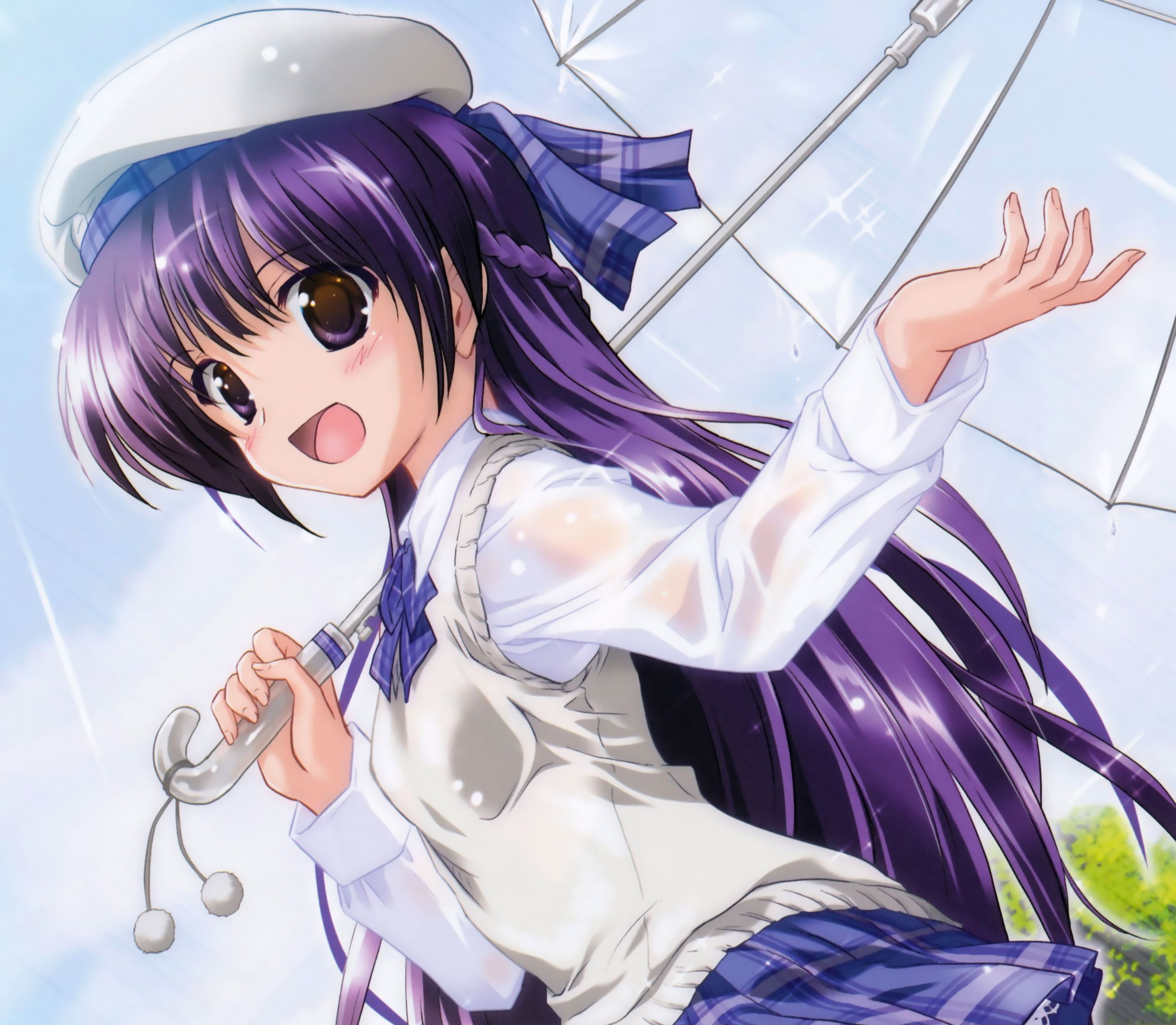 Download mobile wallpaper Anime, Rain, Smile, Umbrella, Hat, Original, Braid, Blush, Long Hair, Purple Eyes, Purple Hair for free.