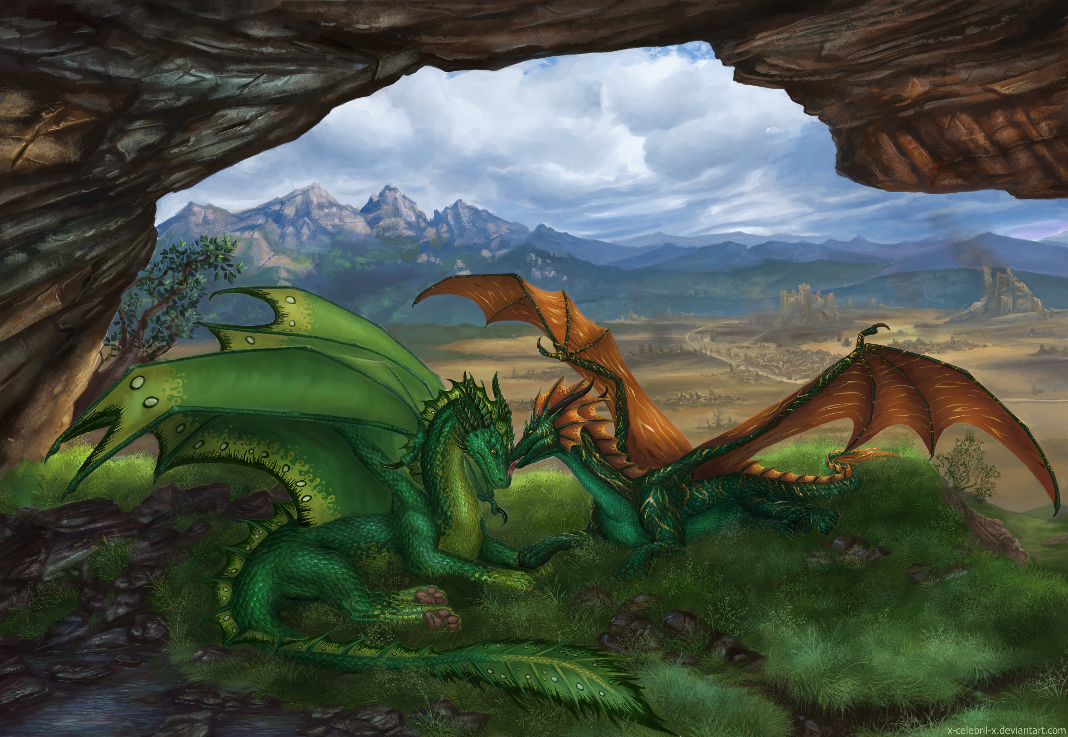 Free download wallpaper Landscape, Fantasy, Love, Couple, Dragon on your PC desktop