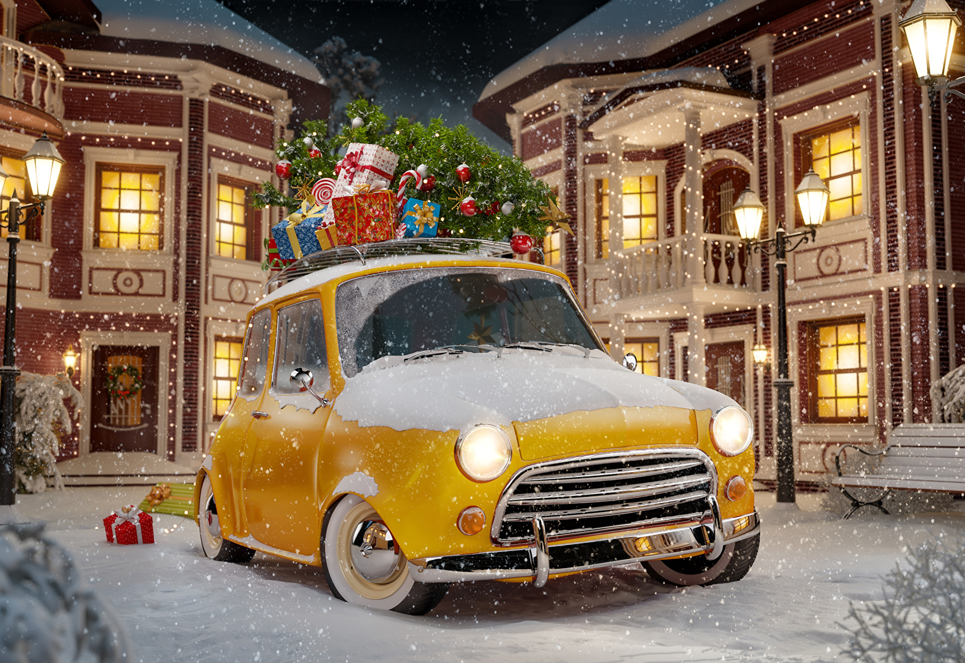 Laden Sie das Feiertage, Winter, Weihnachten, Geschenk, Weihnachtsbaum, Autos, Gelbes Auto-Bild kostenlos auf Ihren PC-Desktop herunter