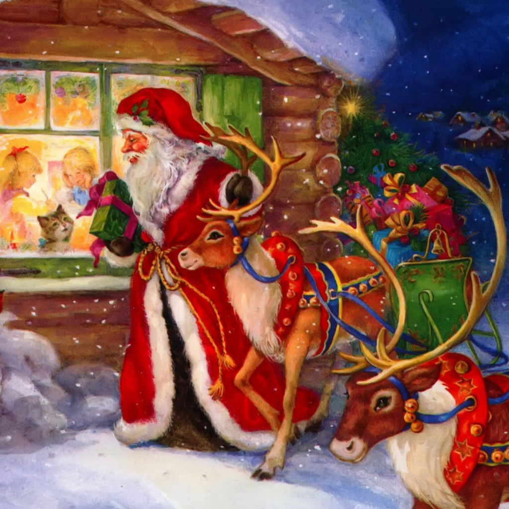Handy-Wallpaper Feiertage, Weihnachtsmann, Weihnachten, Geschenk, Rentier kostenlos herunterladen.