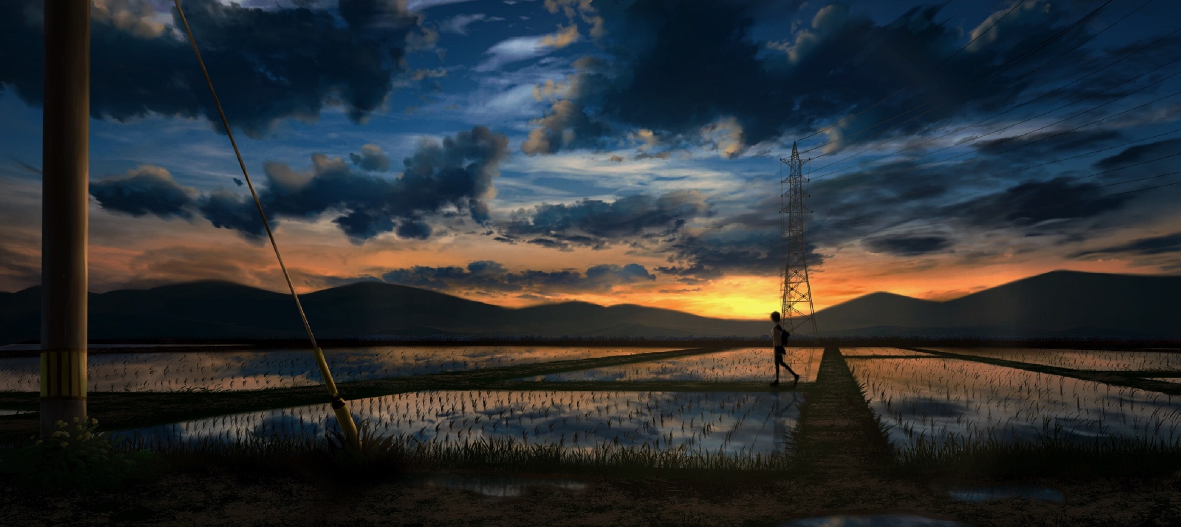 Download mobile wallpaper Anime, Landscape, Sunset, Mountain, Field, Cloud for free.