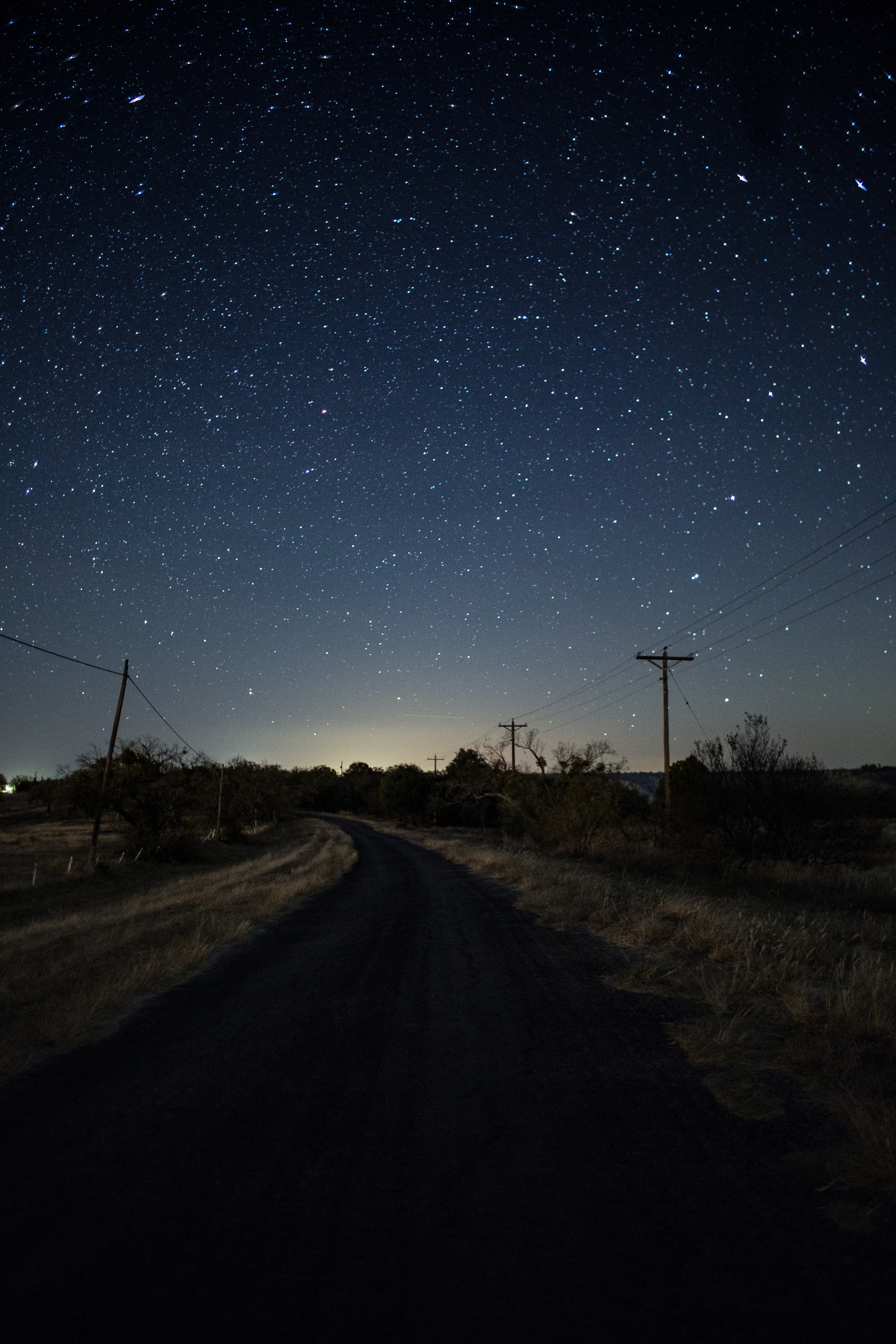 nature, night, road, turn, markup, starry sky