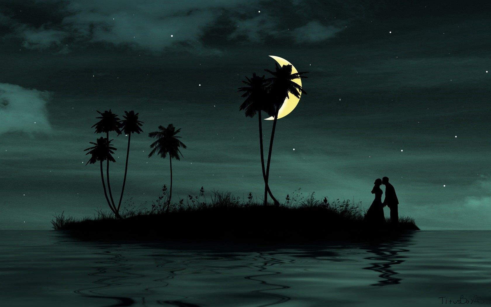 Full HD Wallpaper couple, vector, sea, moon, palms, pair, island