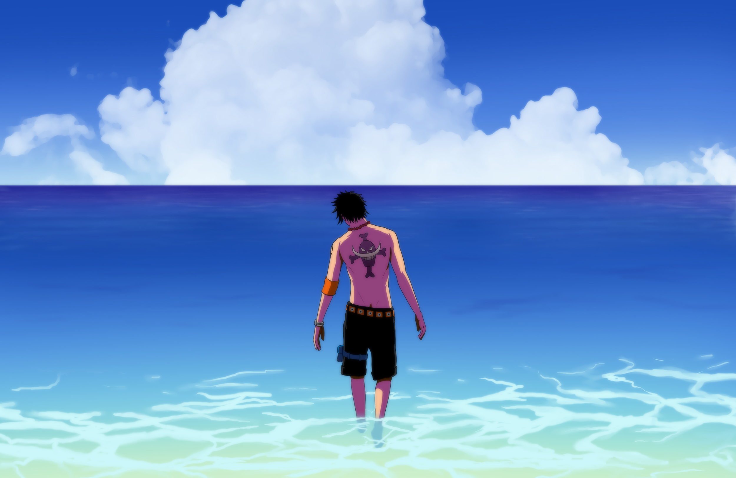 Download mobile wallpaper Anime, Water, Sky, Ocean, Tattoo, Cloud, Belt, Shorts, Necklace, Black Hair, Portgas D Ace, One Piece for free.
