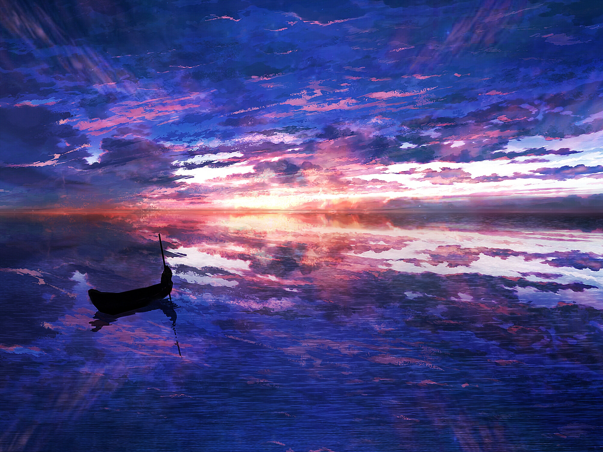 Free download wallpaper Anime, Sunset, Silhouette, Boat on your PC desktop