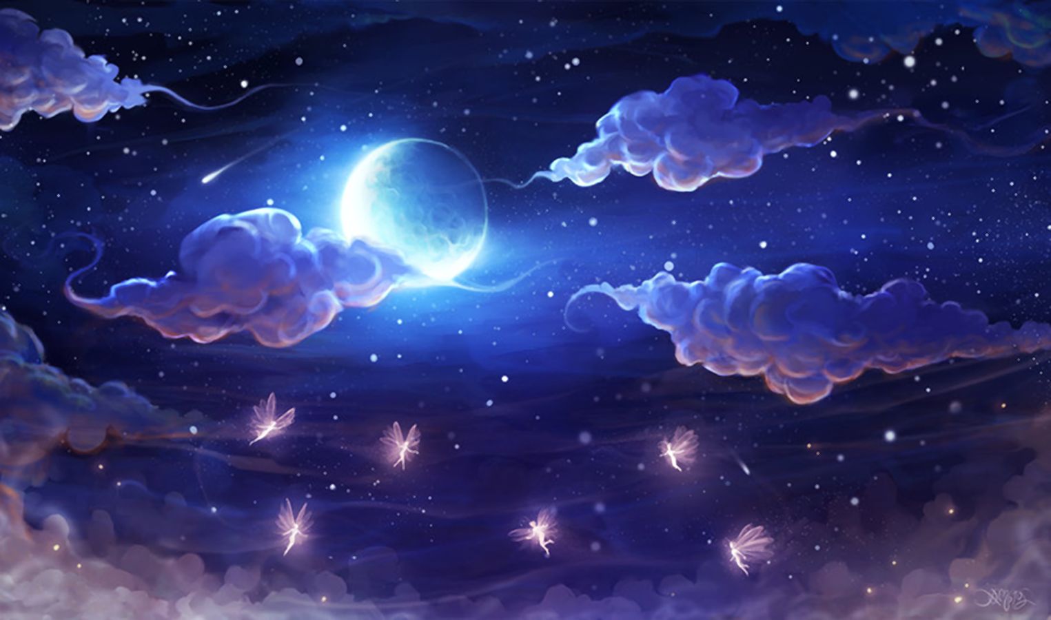 Скачать обои бесплатно Фэнтези, Небо, Ночь, Облака, Луна, Фея картинка на рабочий стол ПК