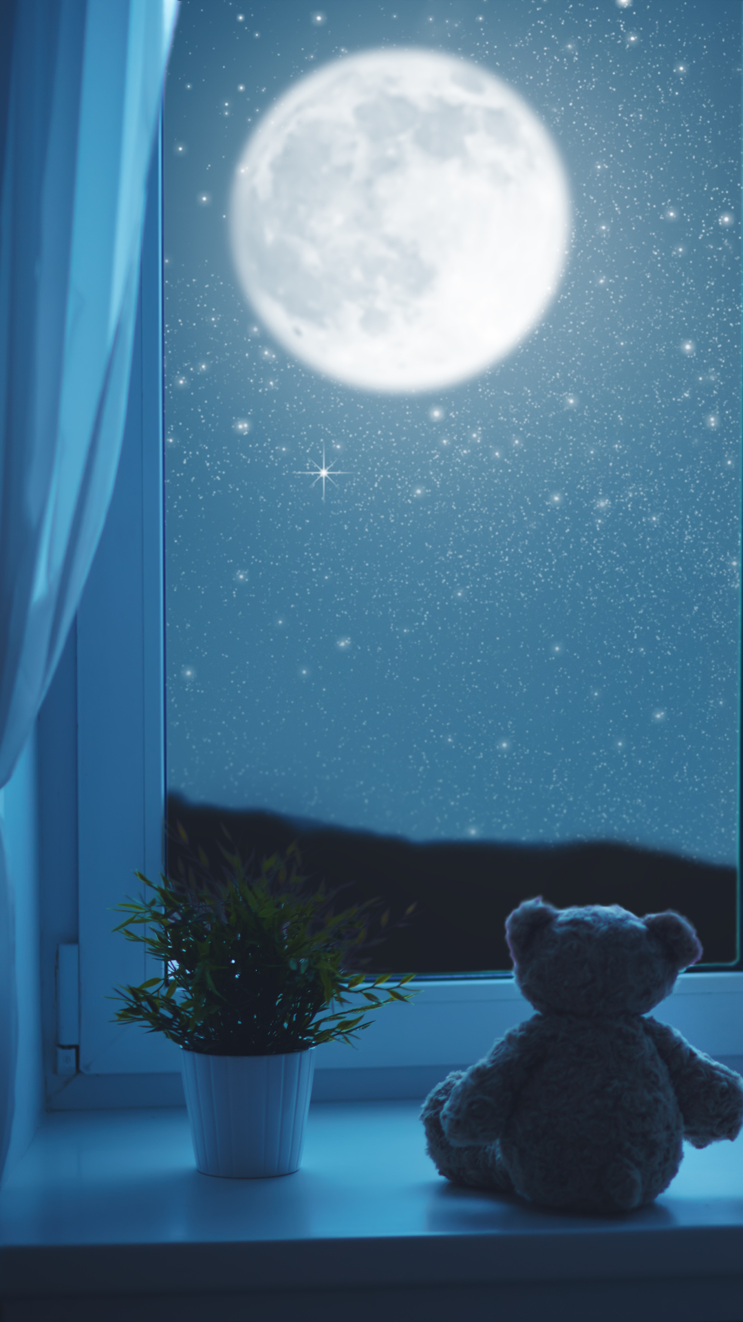 Download mobile wallpaper Sky, Stars, Night, Moon, Teddy Bear, Child, Photography, Stuffed Animal for free.