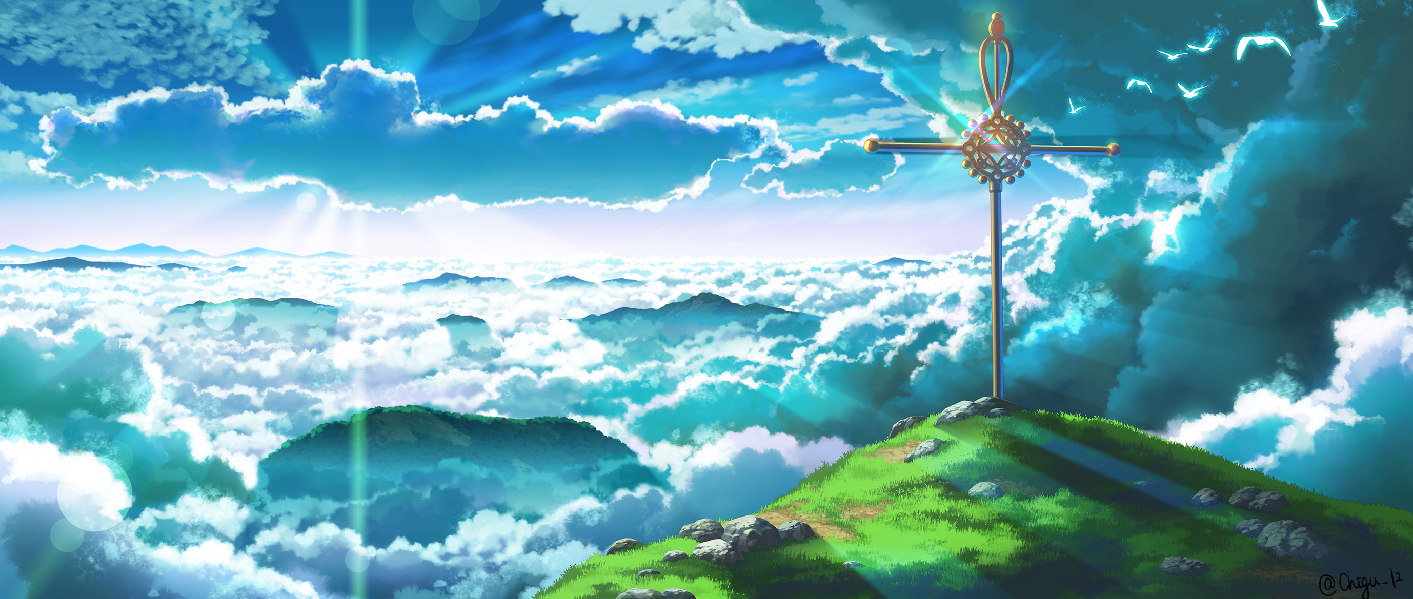 Free download wallpaper Anime, Sky, Sun, Hill, Sunlight, Cloud, Cross, Original on your PC desktop