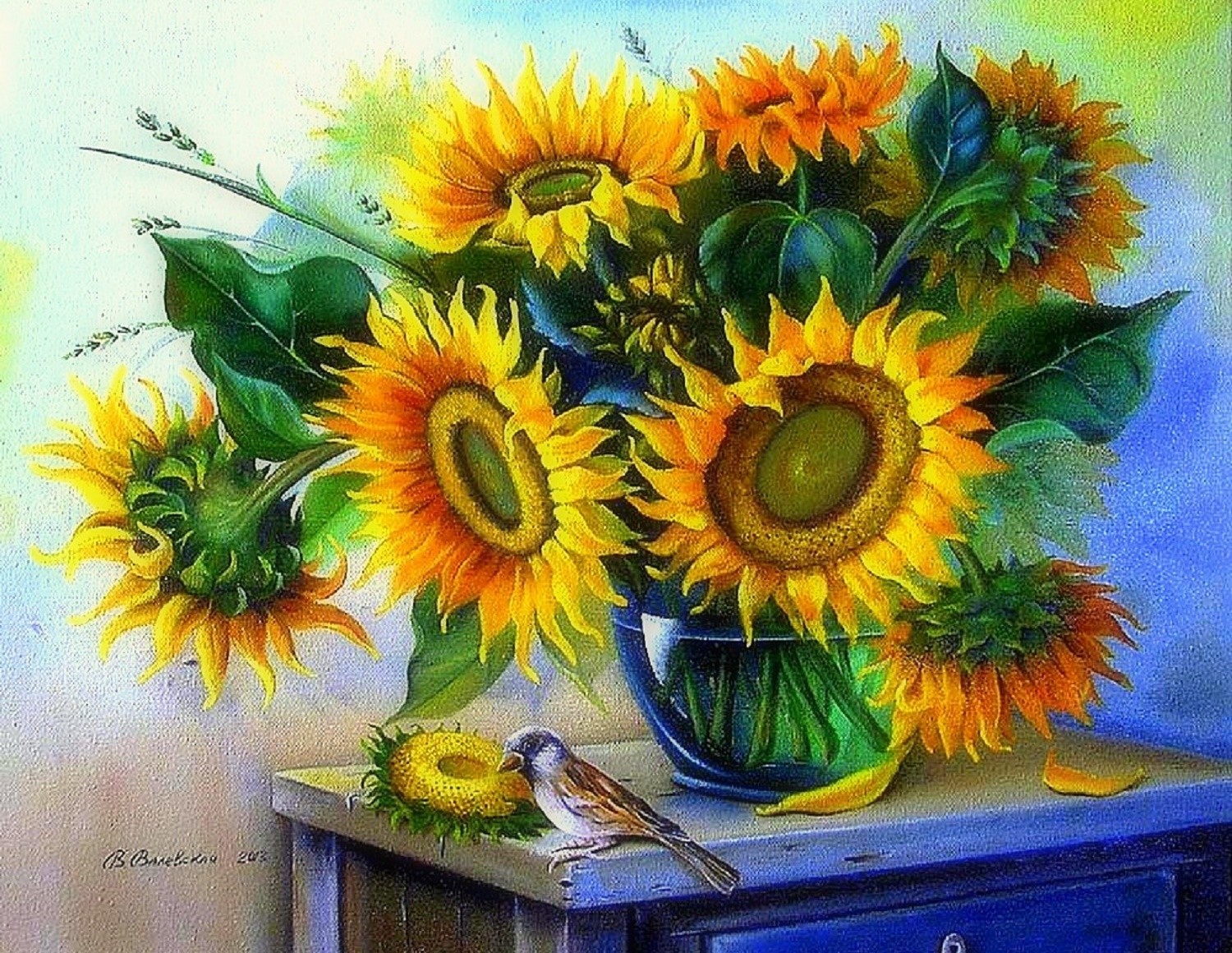 Laden Sie das Spatz, Vase, Malerei, Sonnenblume, Gelbe Blume, Künstlerisch, Stillleben-Bild kostenlos auf Ihren PC-Desktop herunter