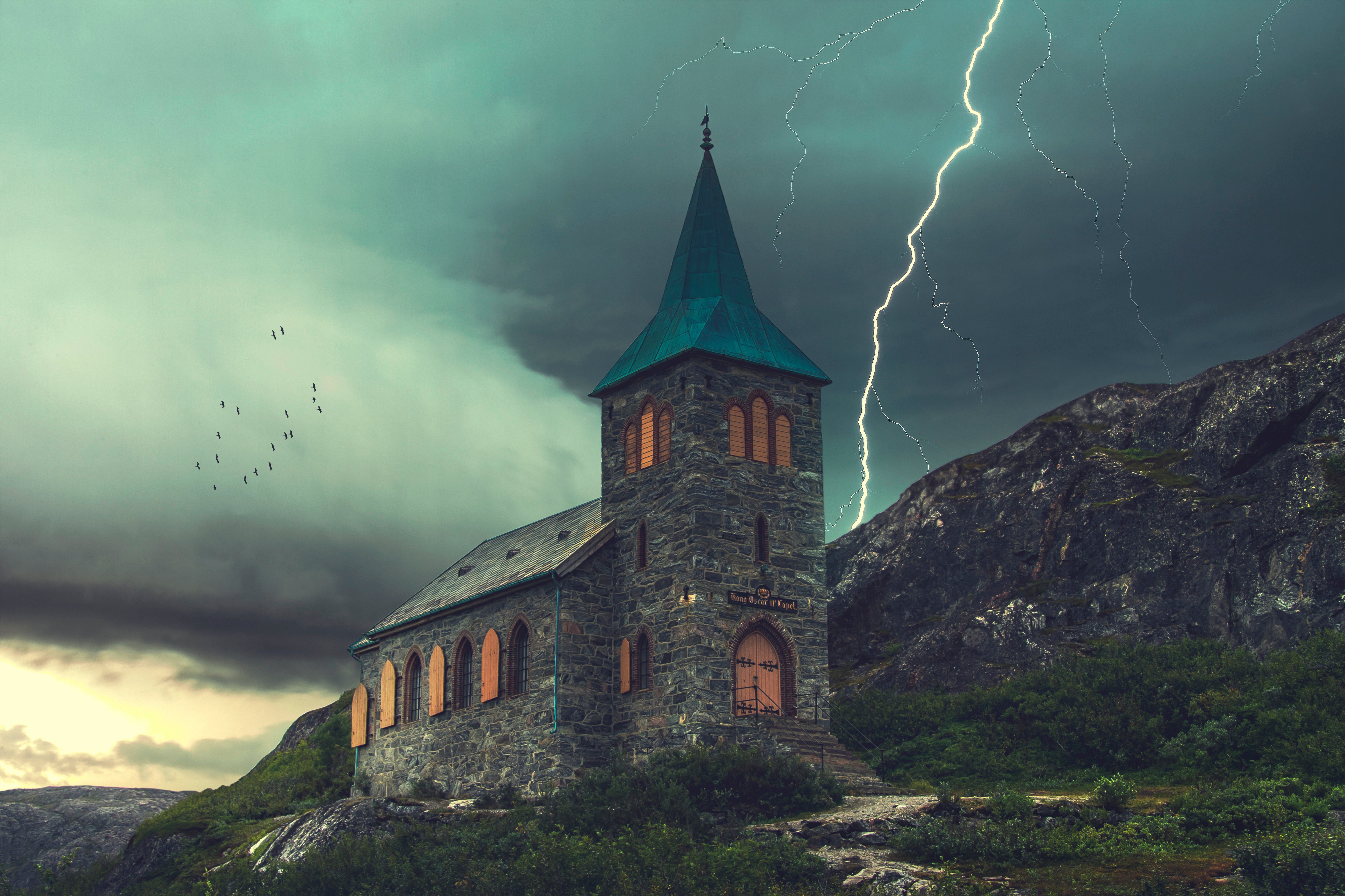 religious, chapel, lightning, thunderstorm