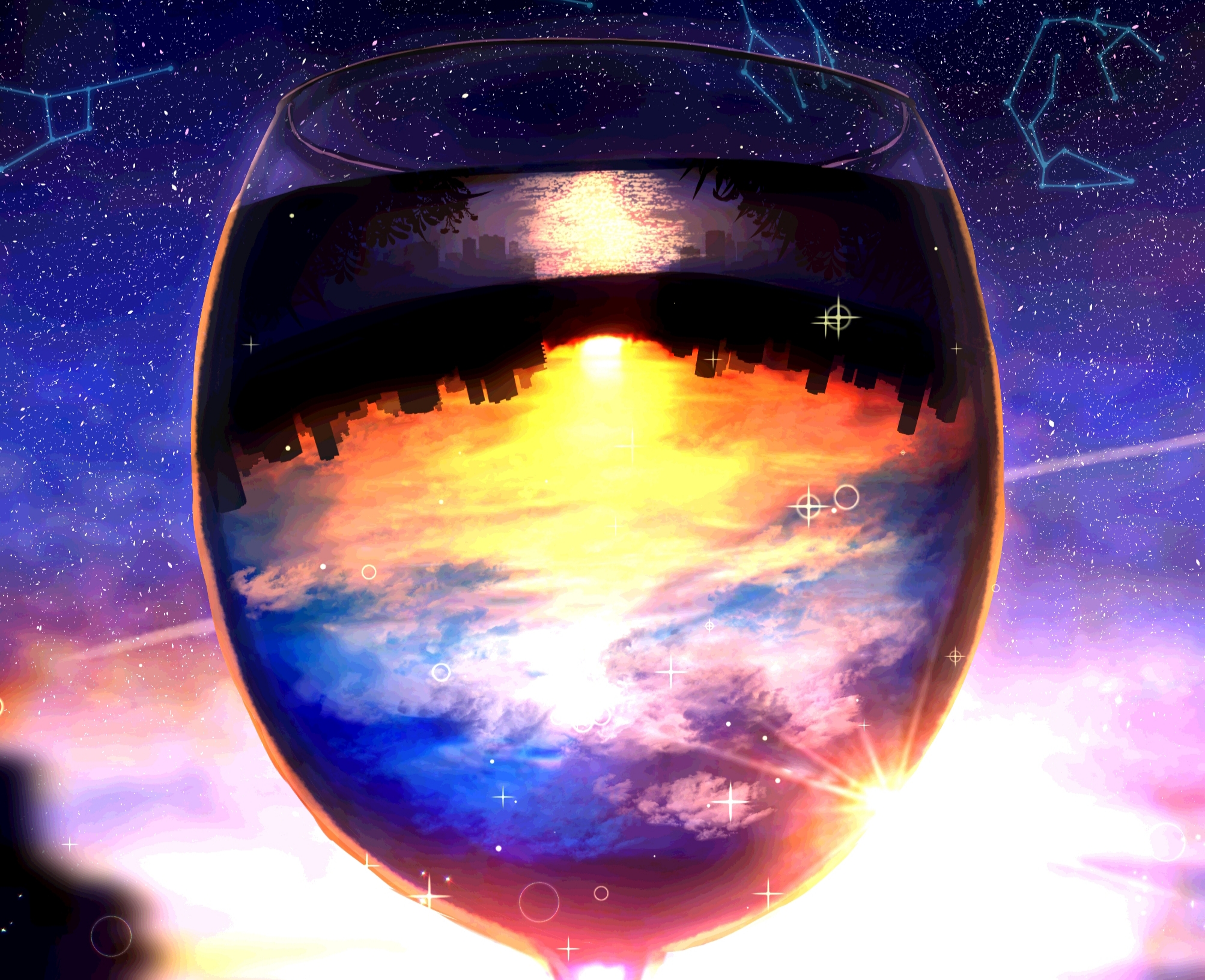 Download mobile wallpaper Anime, Sunset, Sea, City, Starry Sky, Glass, Original for free.