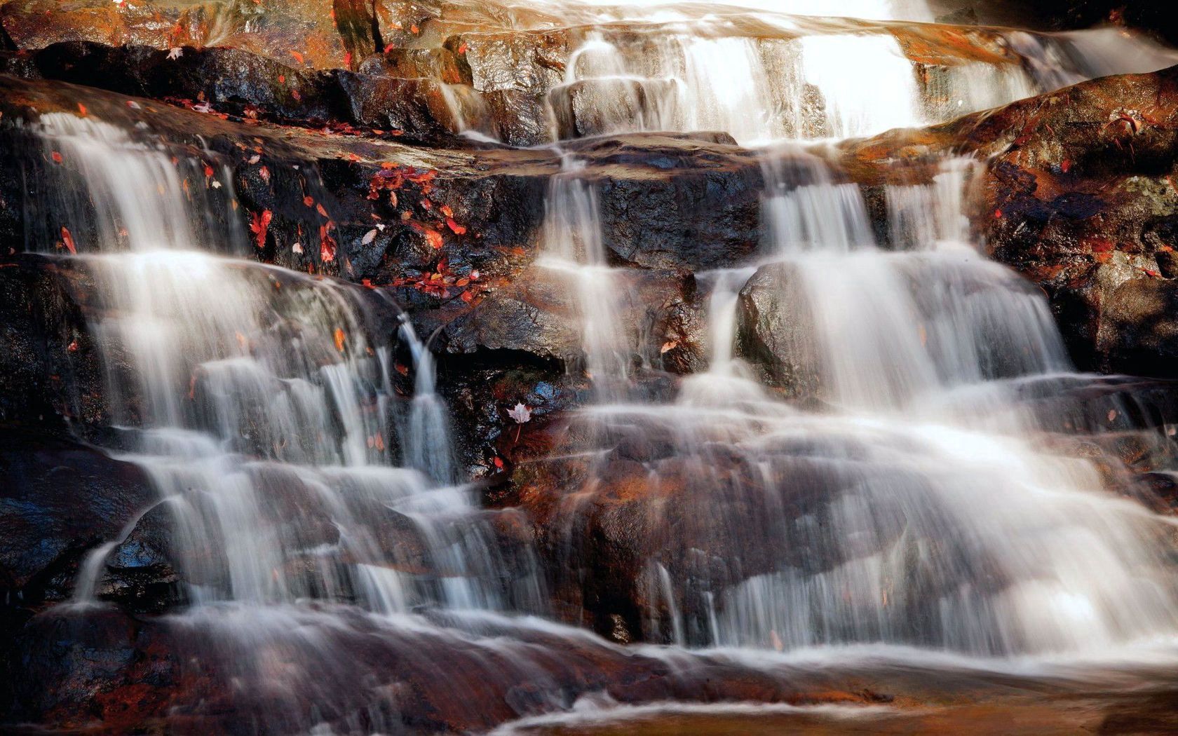 Free download wallpaper Nature, Stones, Leaves, Bright, Waterfall, Flow, Stream on your PC desktop
