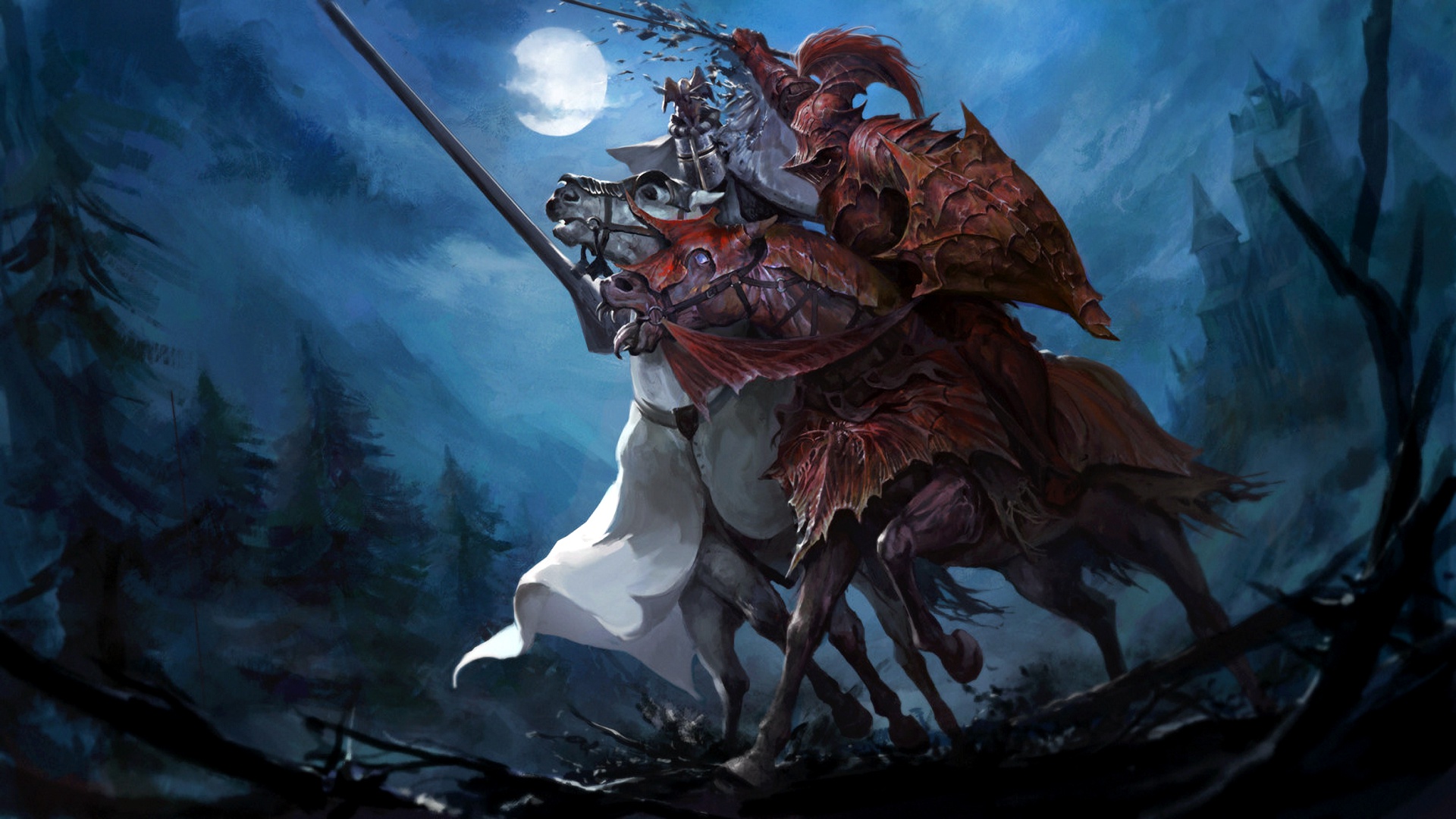 Free download wallpaper Fantasy, Night, Warrior, Horse, Fight, Knight, Armor on your PC desktop