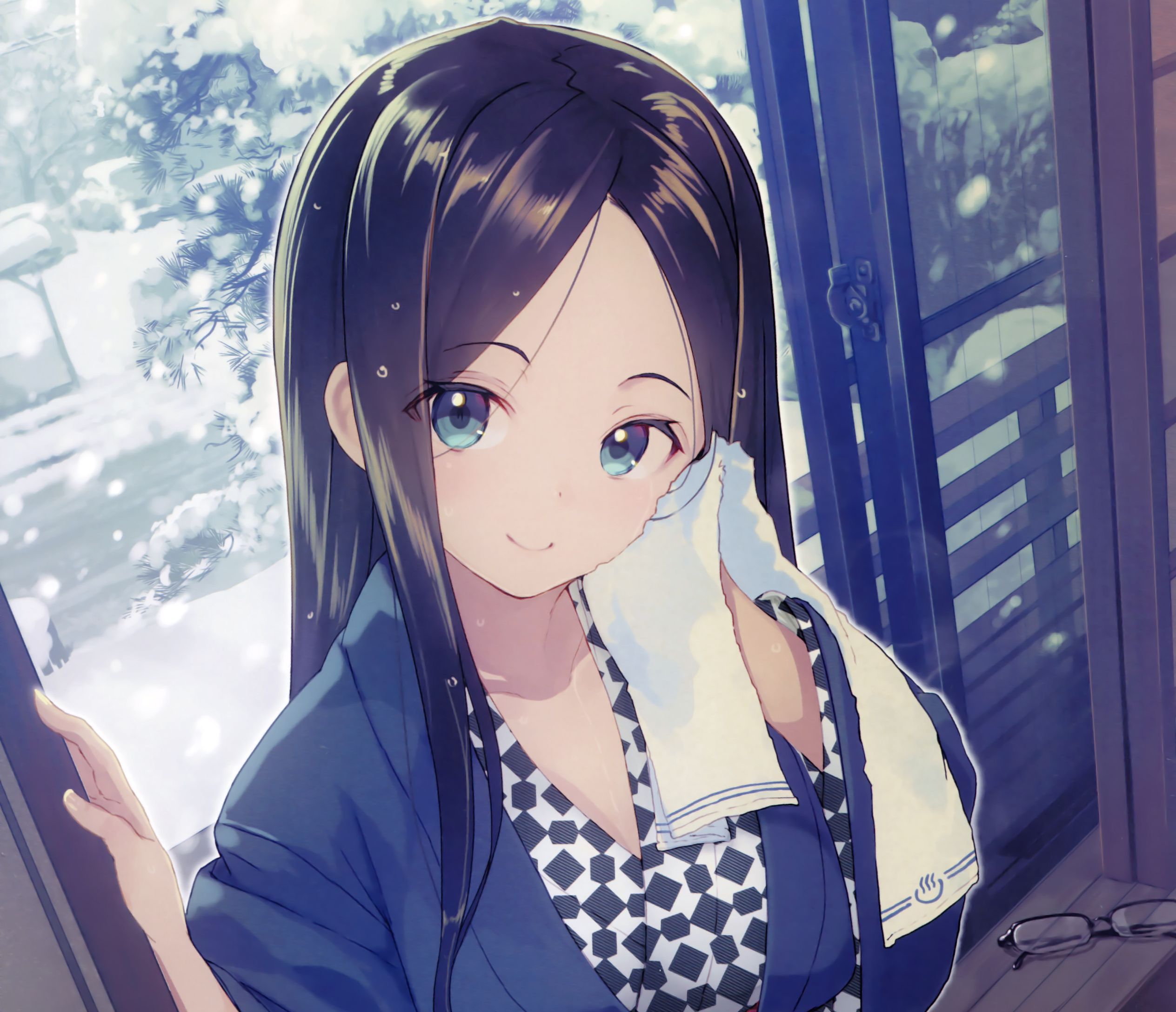 Download mobile wallpaper Anime, Snow, Kimono, Glasses, Towel, Blue Eyes, Original, Black Hair, Long Hair for free.
