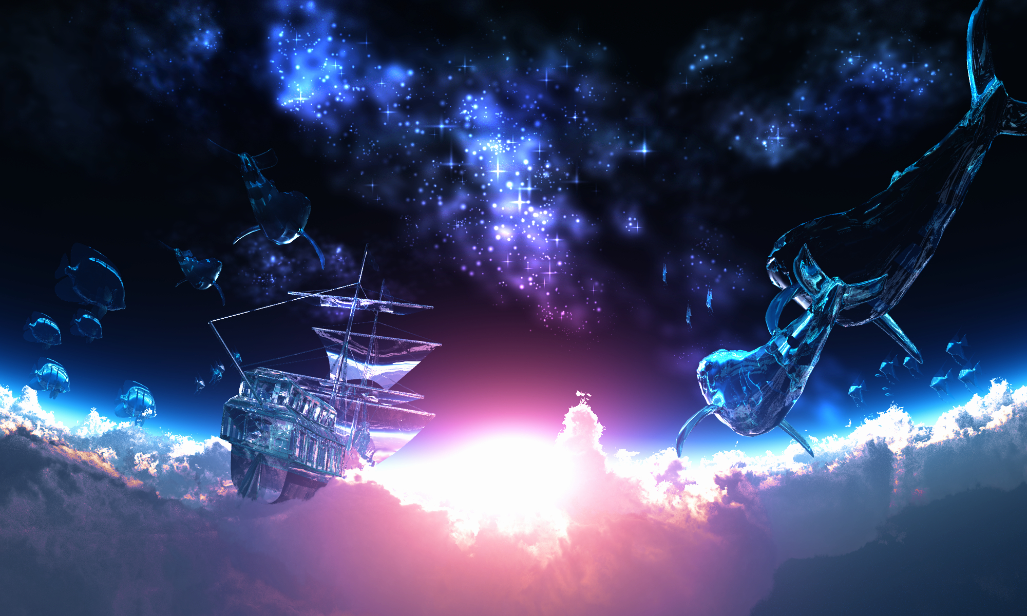 810845 завантажити картинку 3d, аніме, оригінал, чорний, синій, cgi, хмара, фантазія, риба, корабель, зірки, сонце, кит - шпалери і заставки безкоштовно