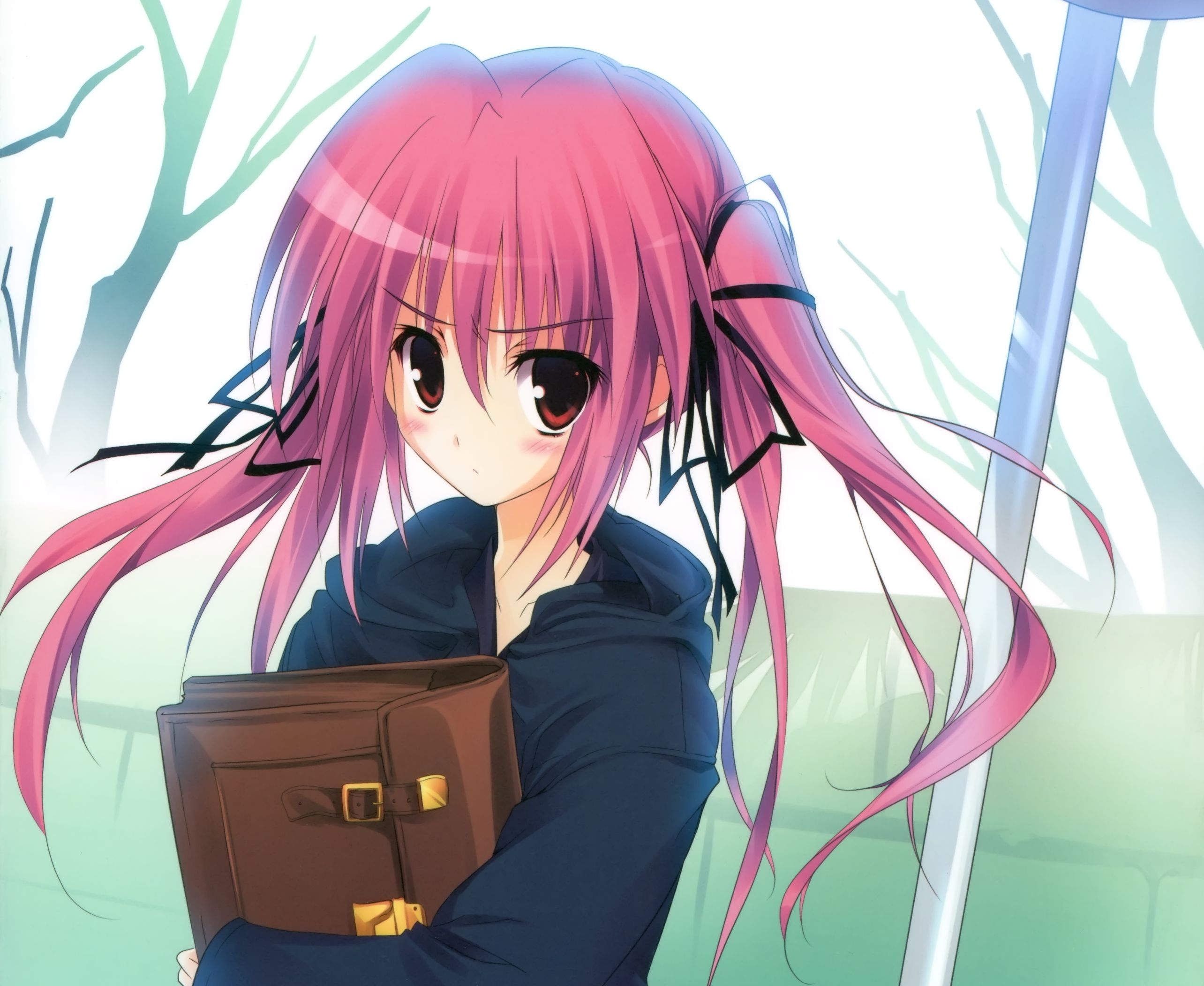 Laden Sie das Tasche, Mantel, Original, Pinkes Haar, Erröten, Braune Augen, Animes, Lange Haare, Twintails-Bild kostenlos auf Ihren PC-Desktop herunter