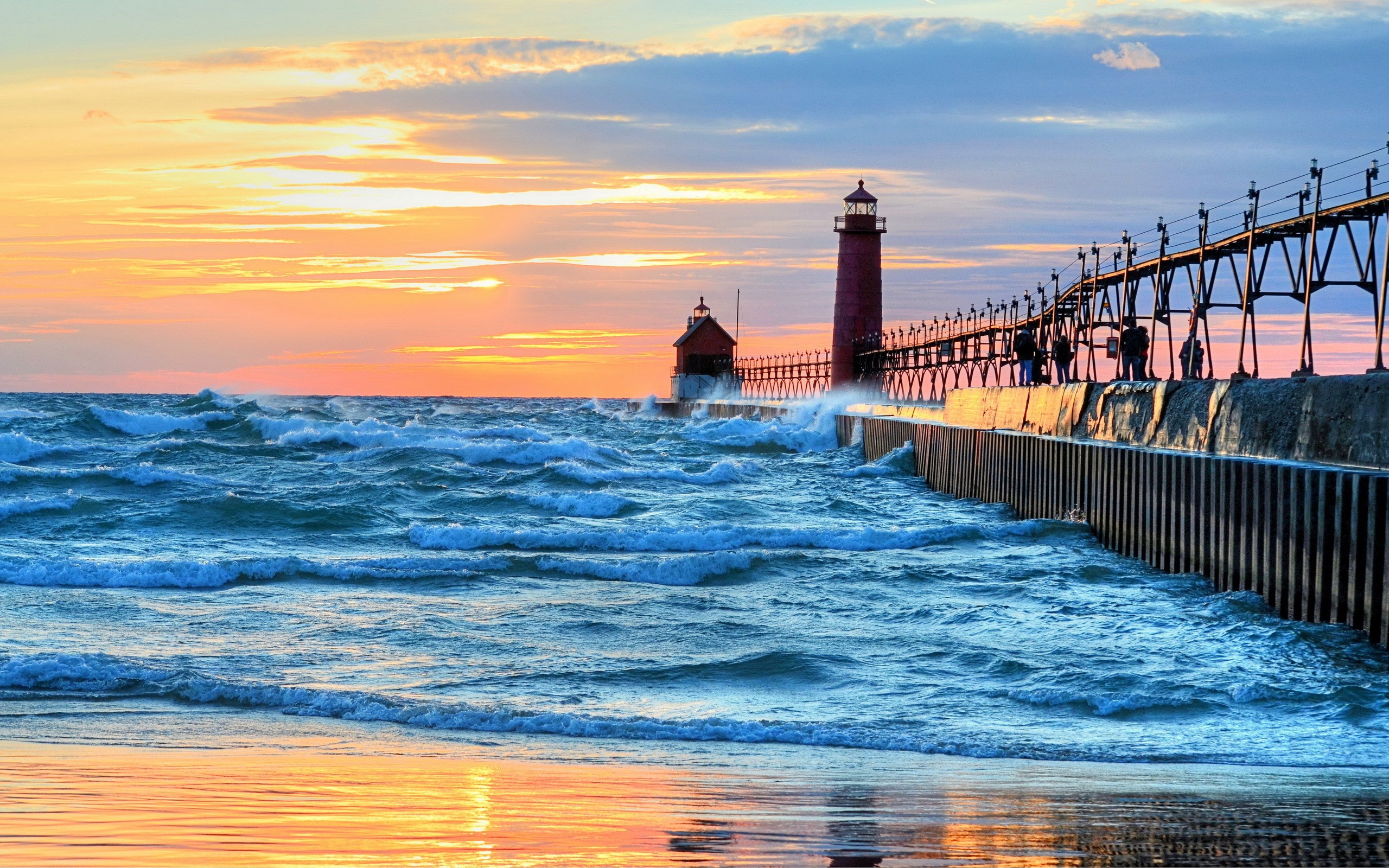 Download mobile wallpaper Sunset, Horizon, Ocean, Lighthouse, Man Made for free.