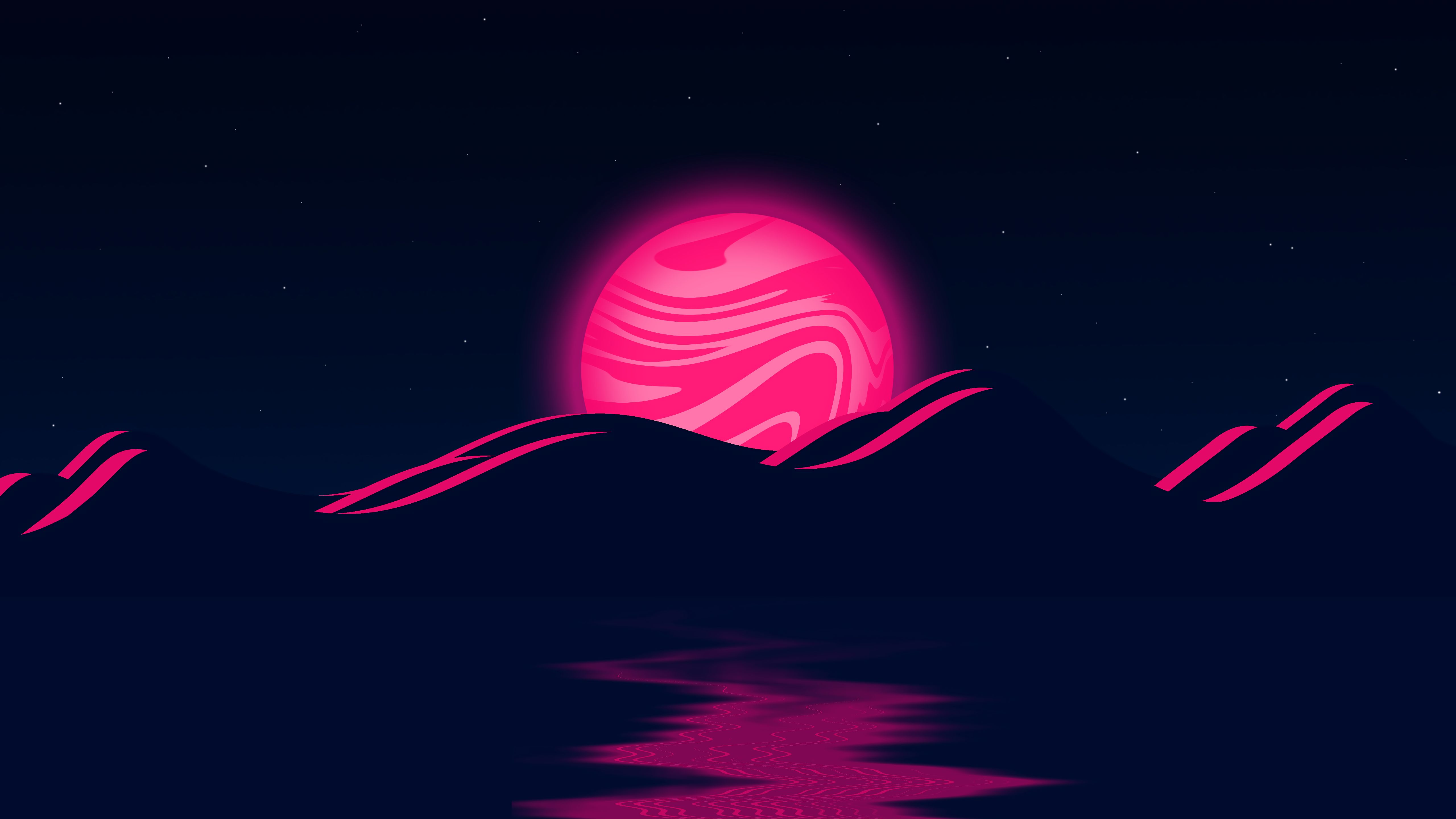 Download mobile wallpaper Landscape, Pink, Moon, Mountain, Artistic for free.