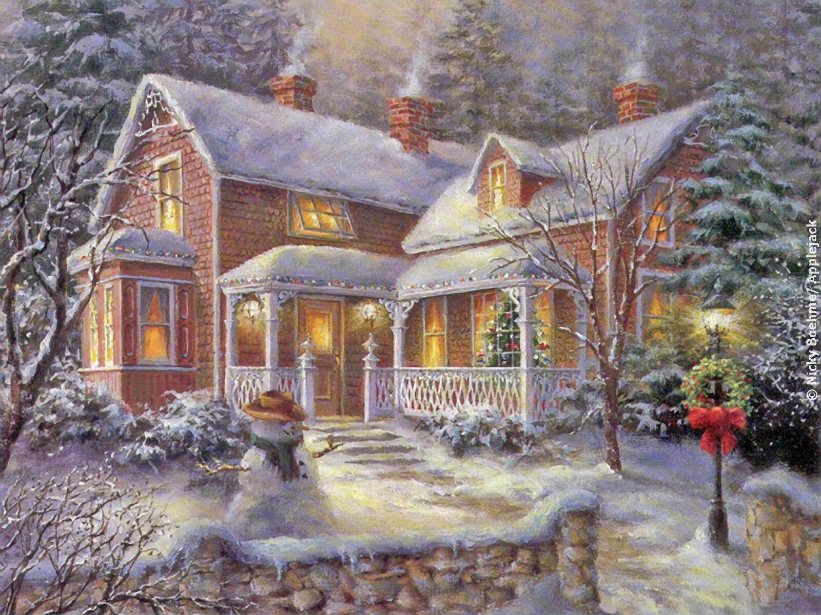 14077 скачать картинку новый год (new year), рисунки, рождество (christmas xmas), дома, зима, пейзаж - обои и заставки бесплатно